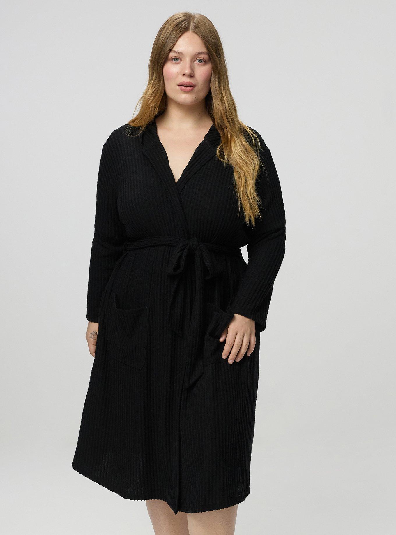 Super Soft Plush Rib Hooded Sleep Robe, DEEP BLACK, hi-res