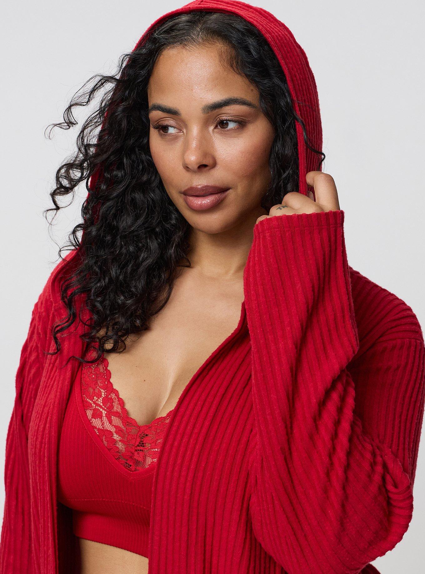 Super Soft Plush Rib Hooded Sleep Robe, JESTER RED, alternate