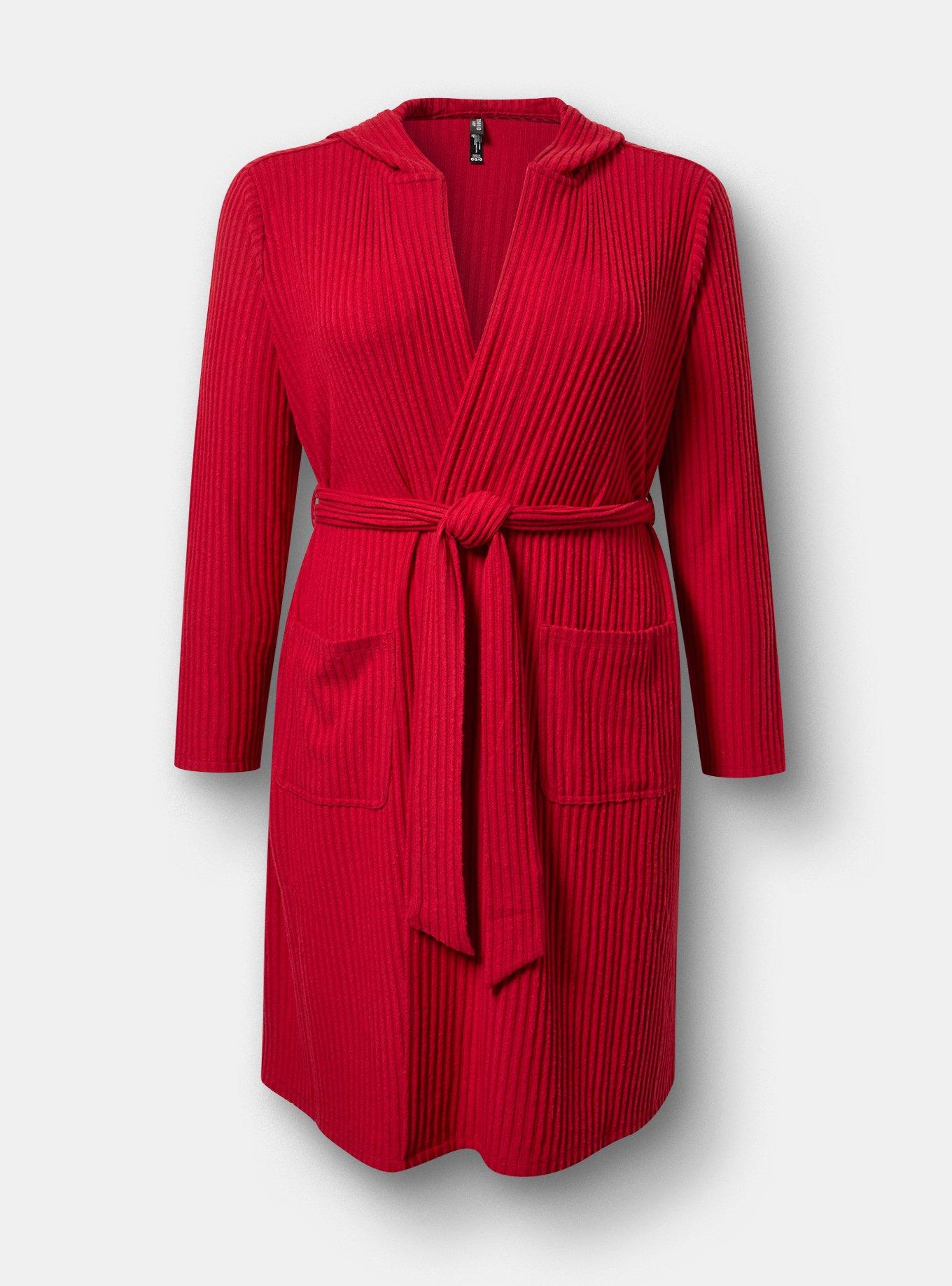 Super Soft Plush Rib Hooded Sleep Robe, JESTER RED, flat