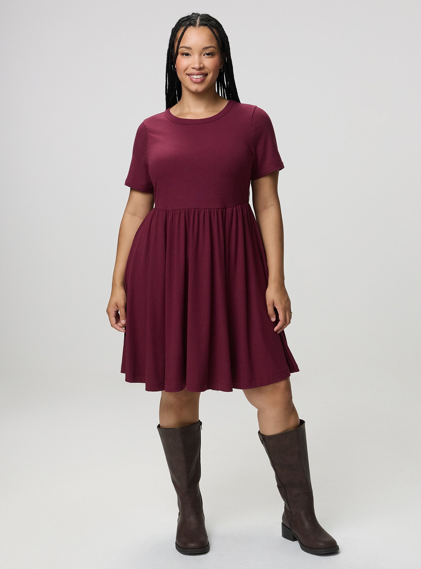 Super Soft Rib Skater Mini Dress, MAROON BANNER, alternate