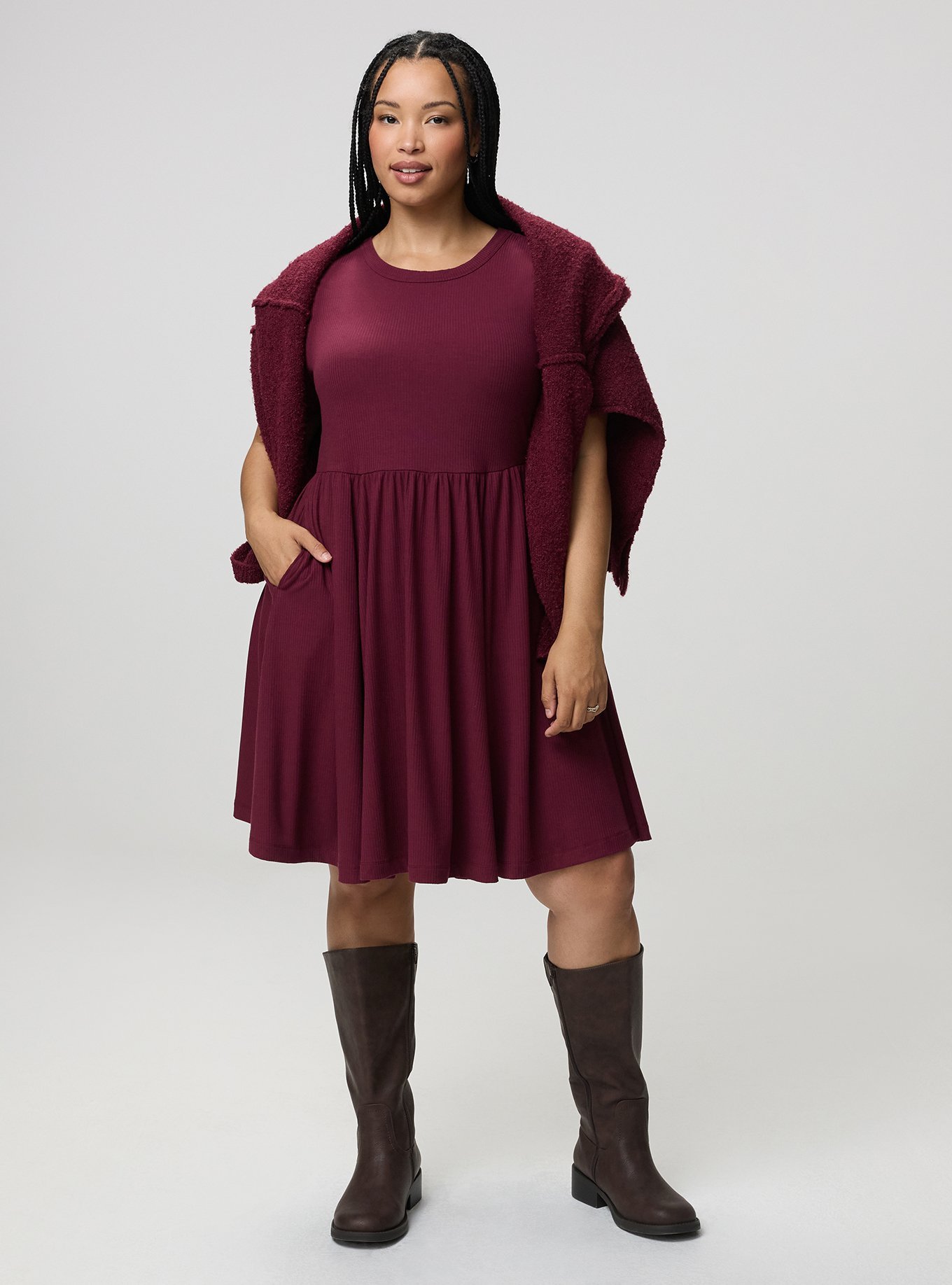 Super Soft Rib Skater Mini Dress, MAROON BANNER, alternate