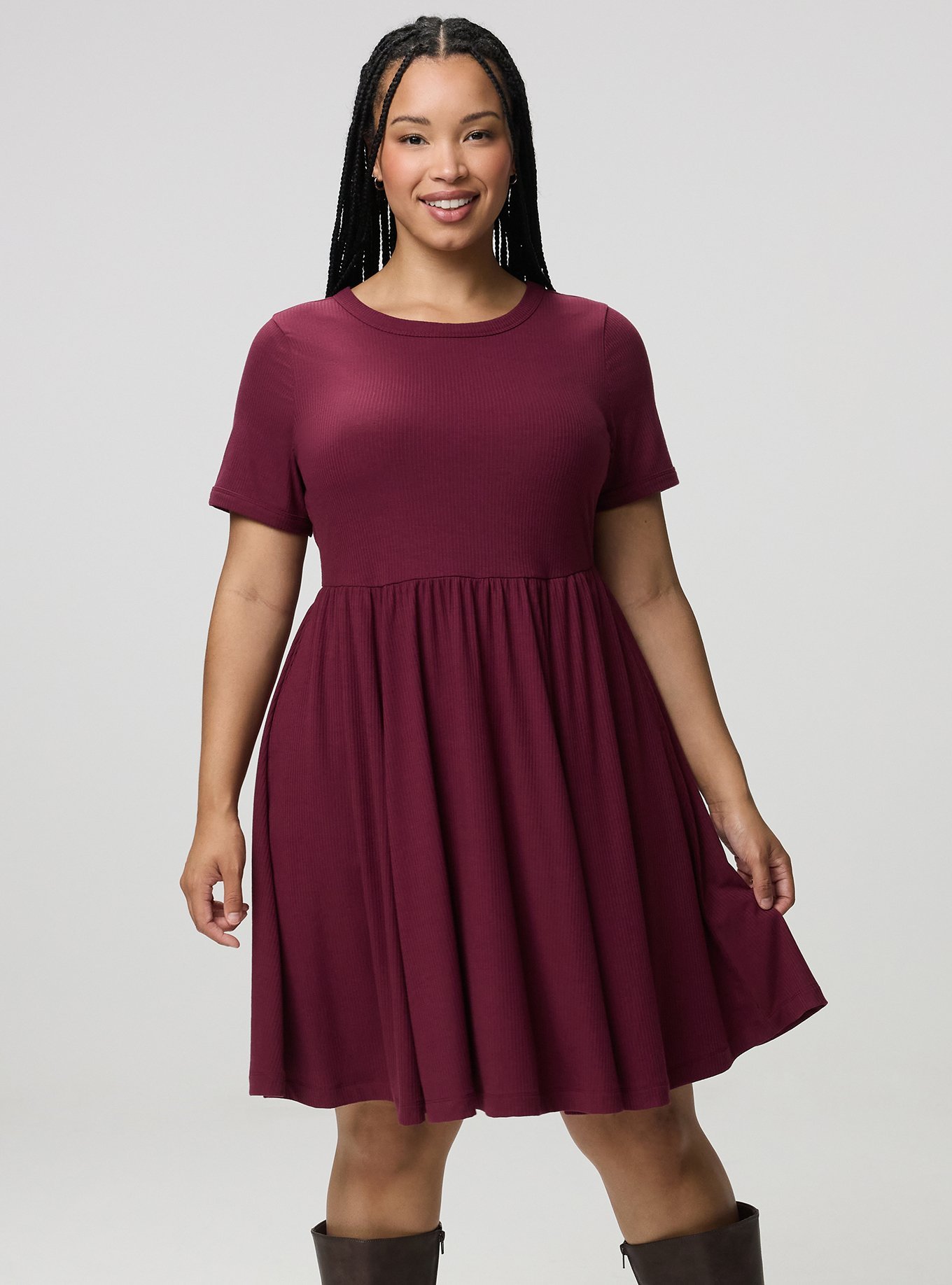 Super Soft Rib Skater Mini Dress, MAROON BANNER, hi-res