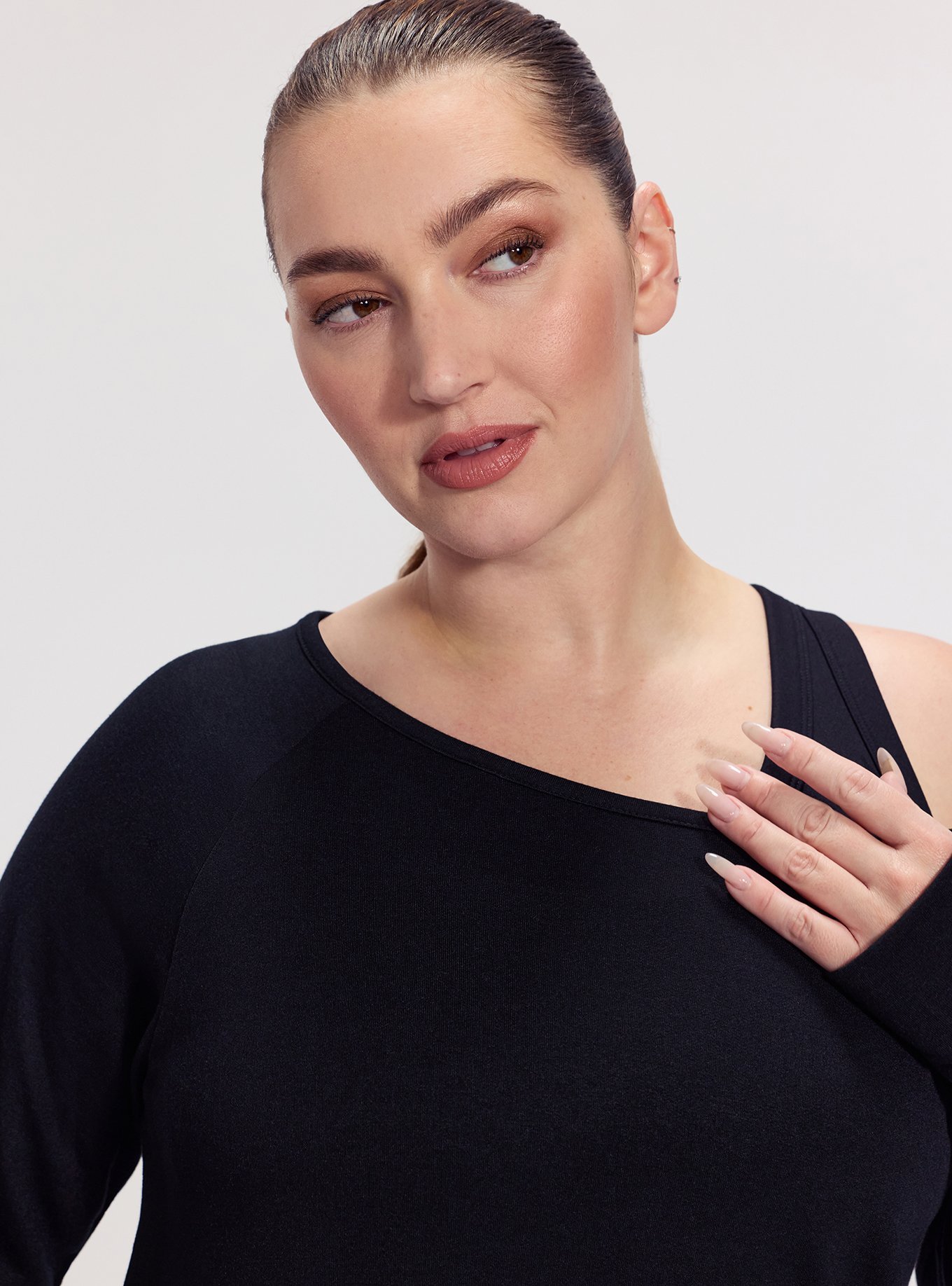 TRU Terry Off-Shoulder Active Tunic Tee, DEEP BLACK, alternate
