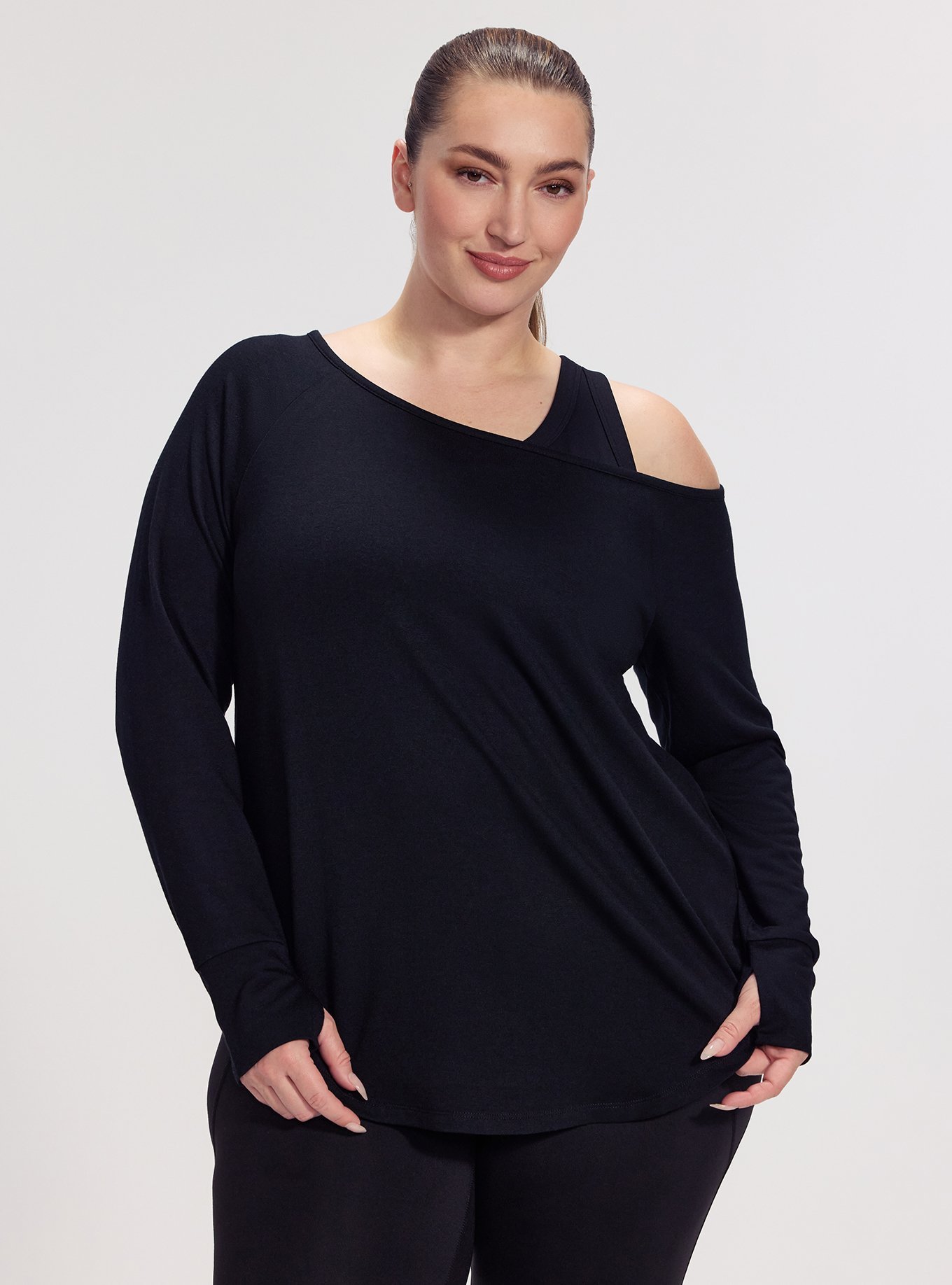 TRU Terry Off-Shoulder Active Tunic Tee, DEEP BLACK, hi-res