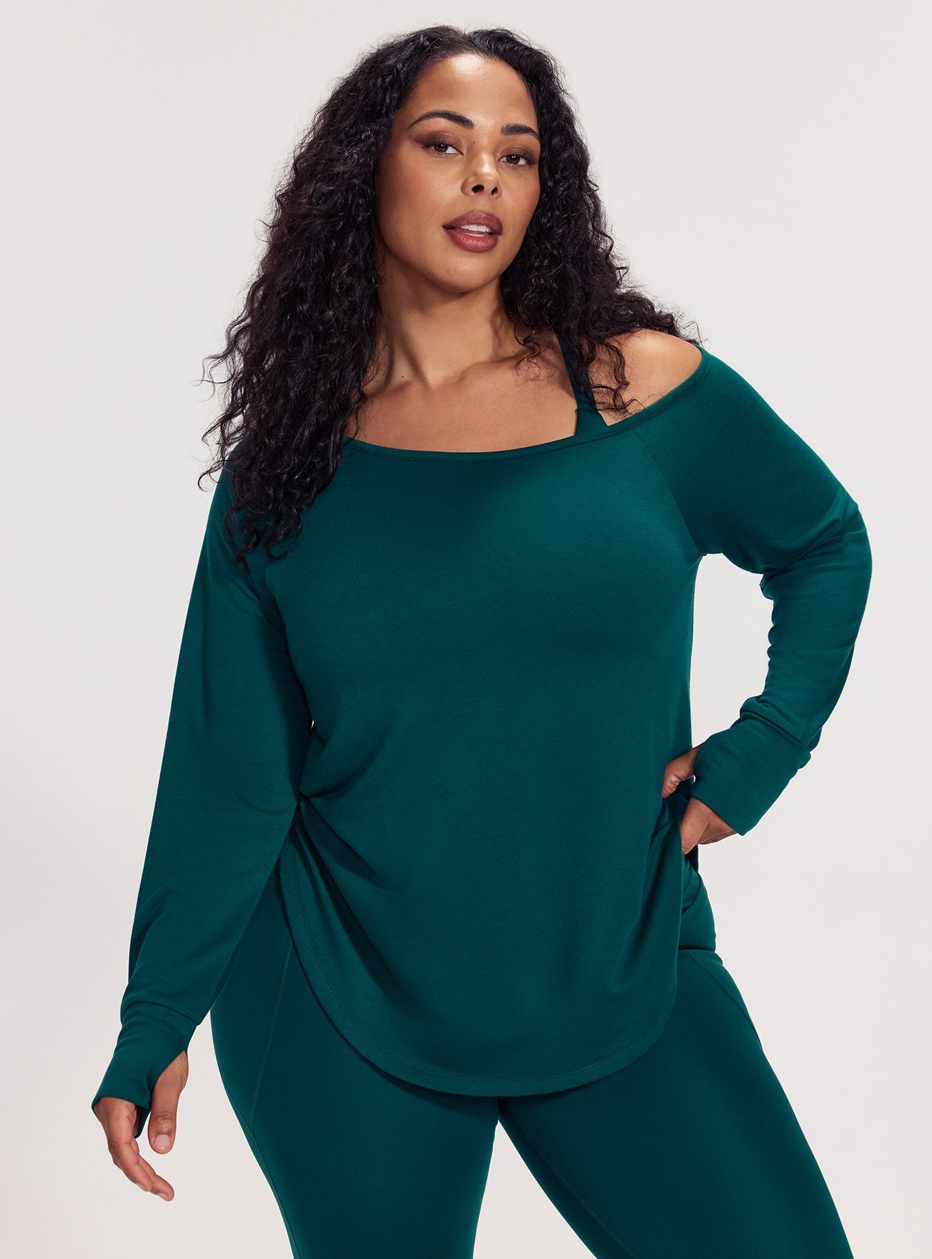 TRU Terry Off-Shoulder Active Tunic Tee, BOTANICAL GARDEN, hi-res