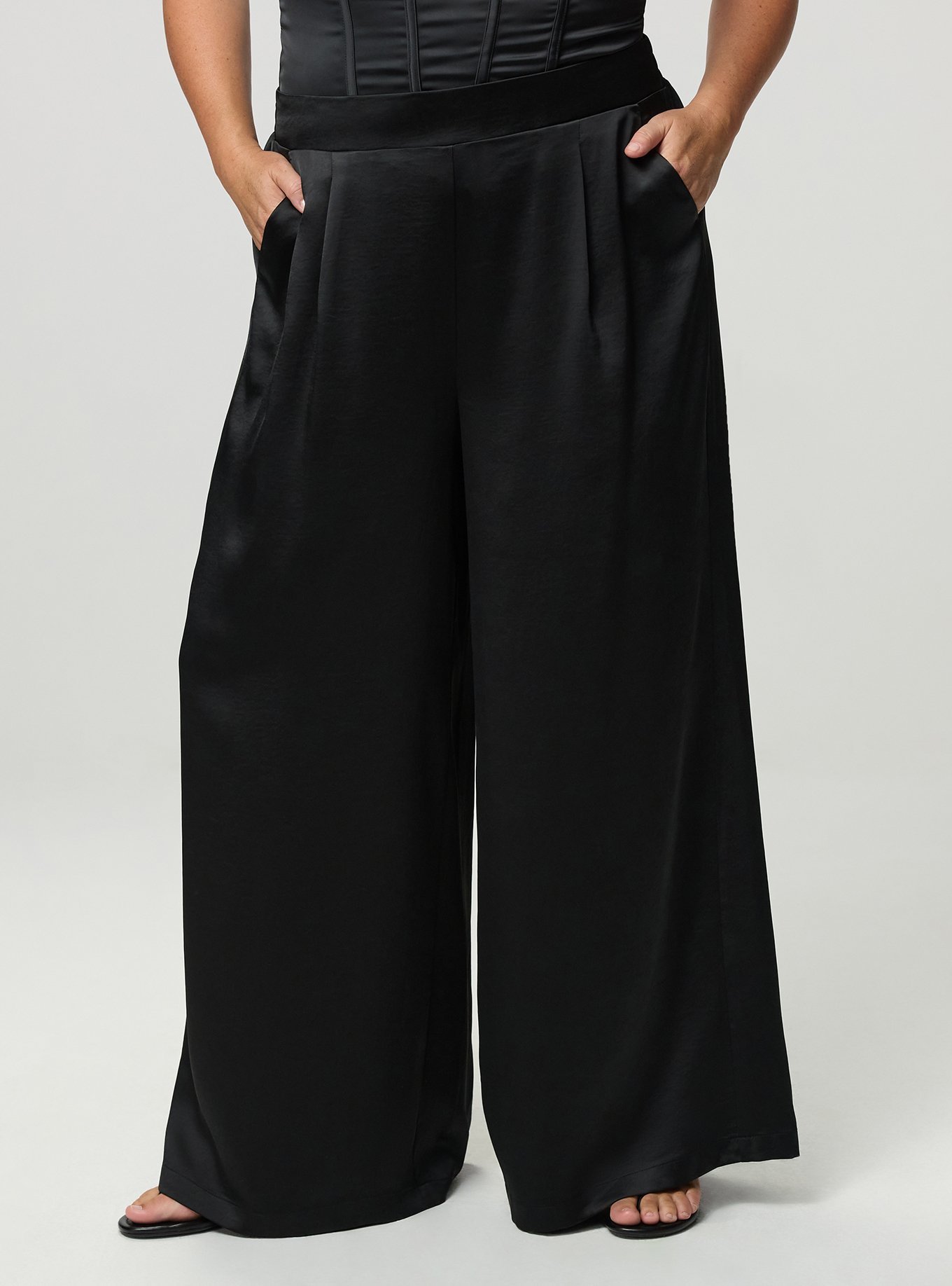 High-Rise Pull On Wide Leg Satin Pant, DEEP BLACK, alternate