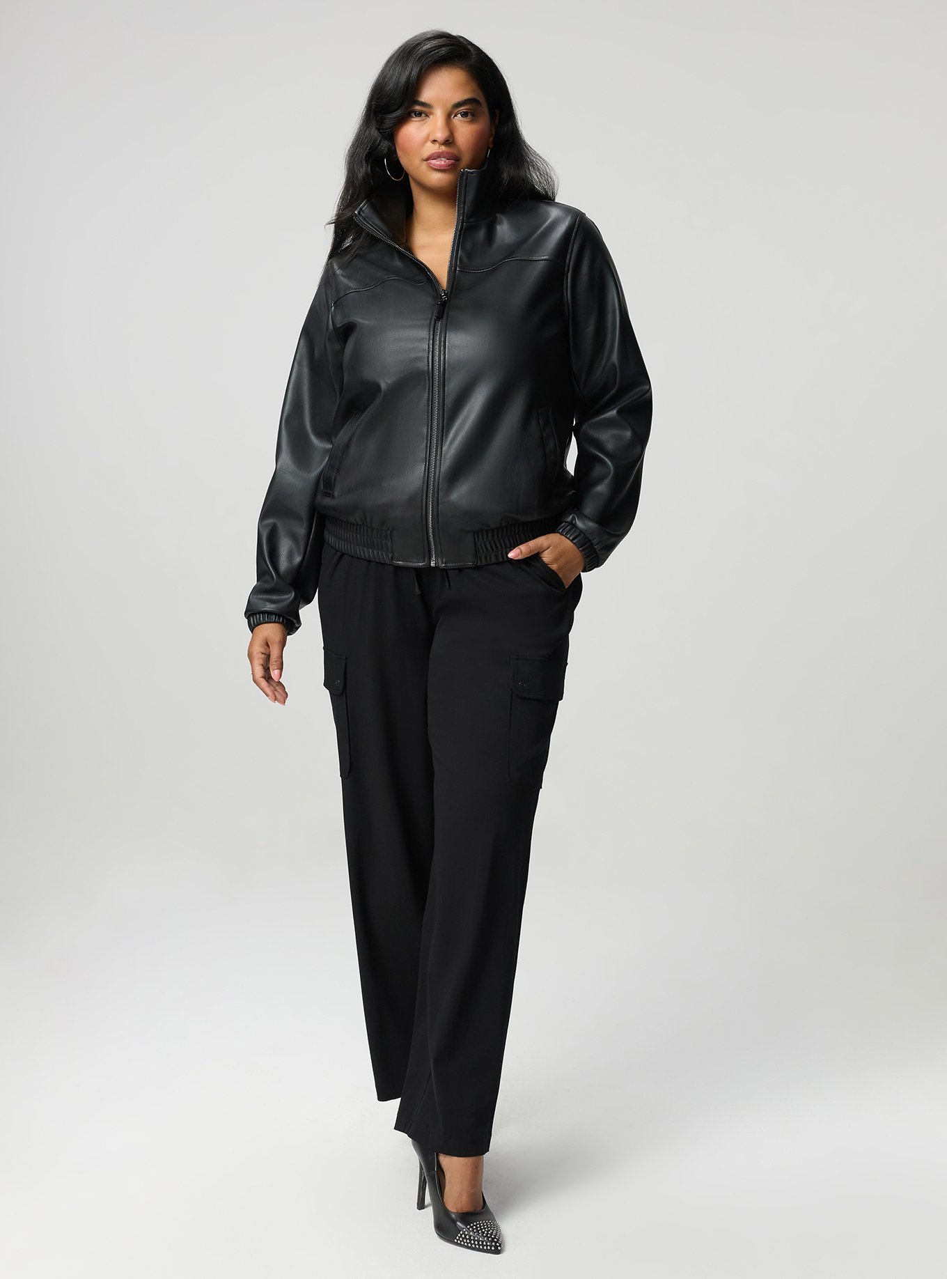 Faux Leather Bomber Jacket, DEEP BLACK, alternate
