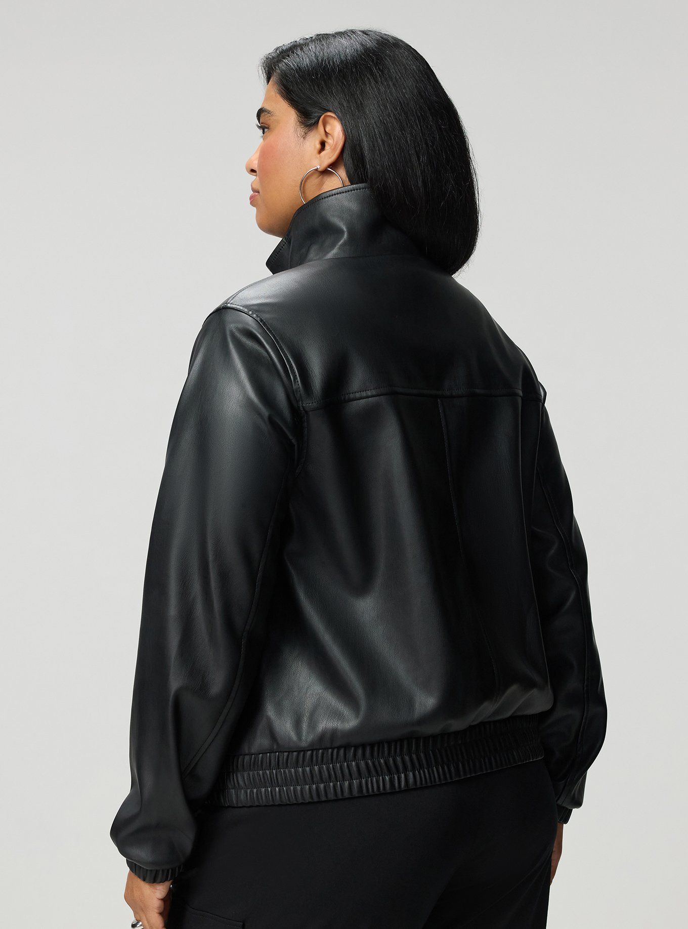Faux Leather Bomber Jacket, DEEP BLACK, alternate