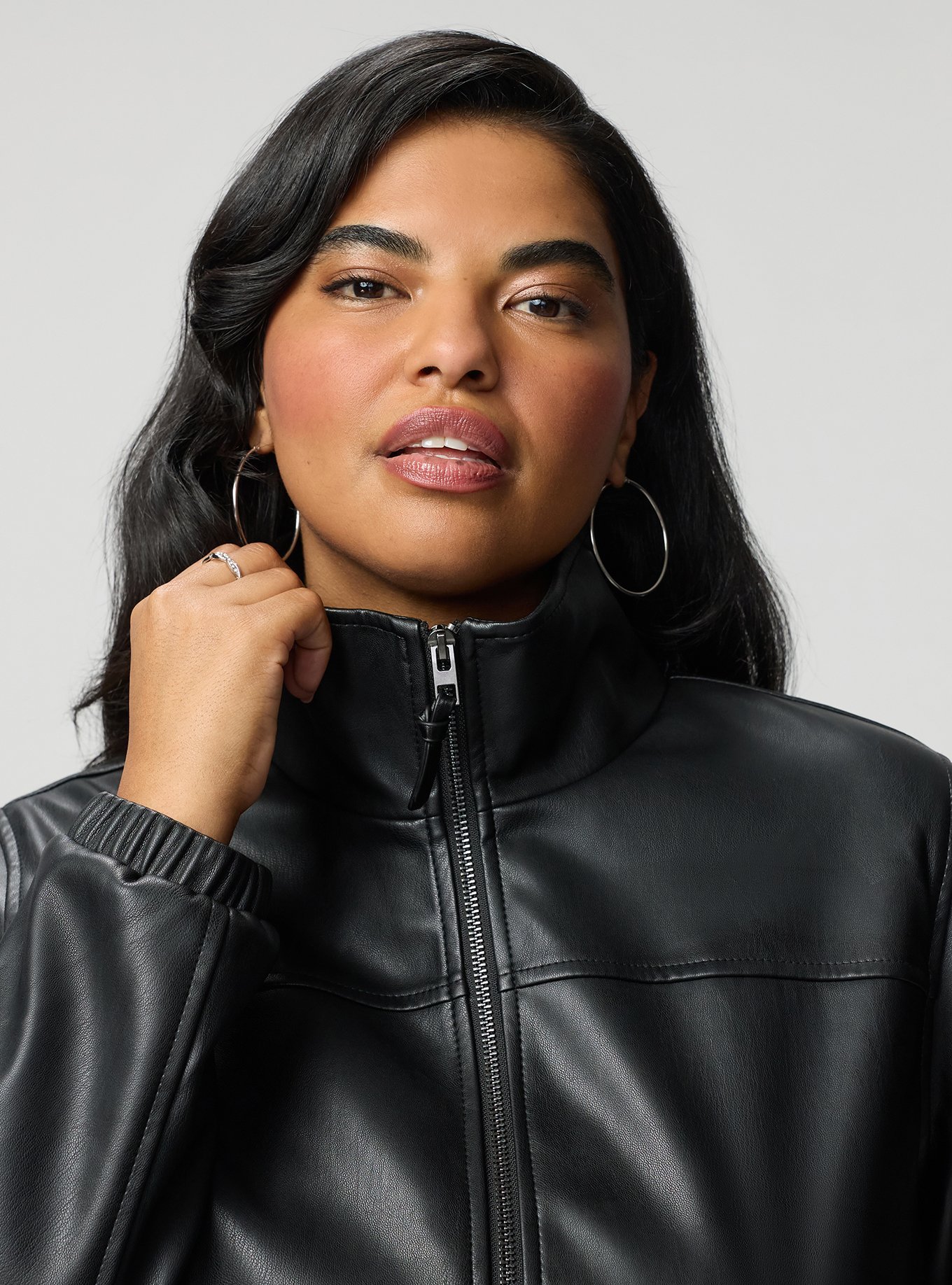 Faux Leather Bomber Jacket, DEEP BLACK, alternate