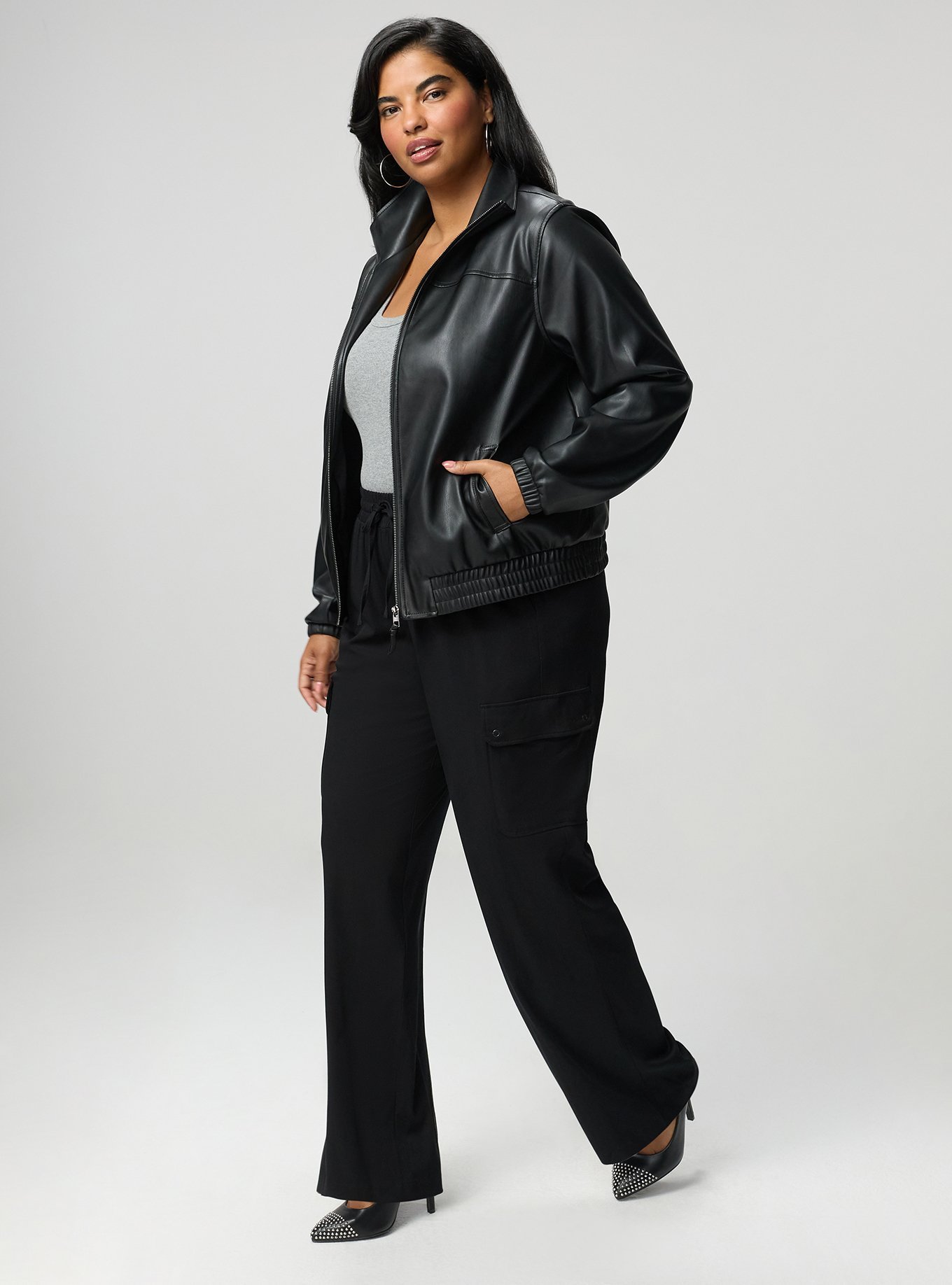 Faux Leather Bomber Jacket, DEEP BLACK, alternate