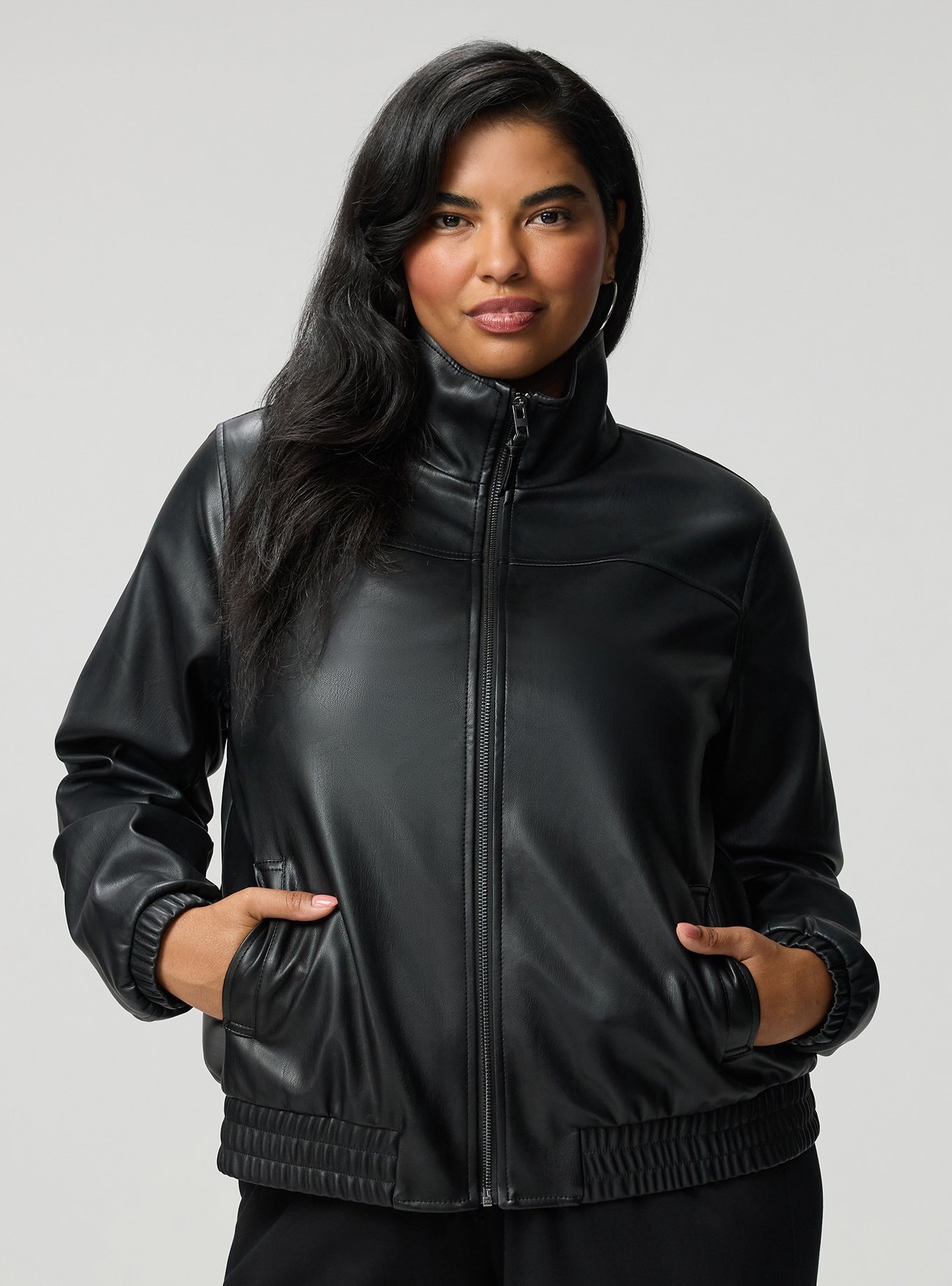 Faux Leather Bomber Jacket, DEEP BLACK, hi-res