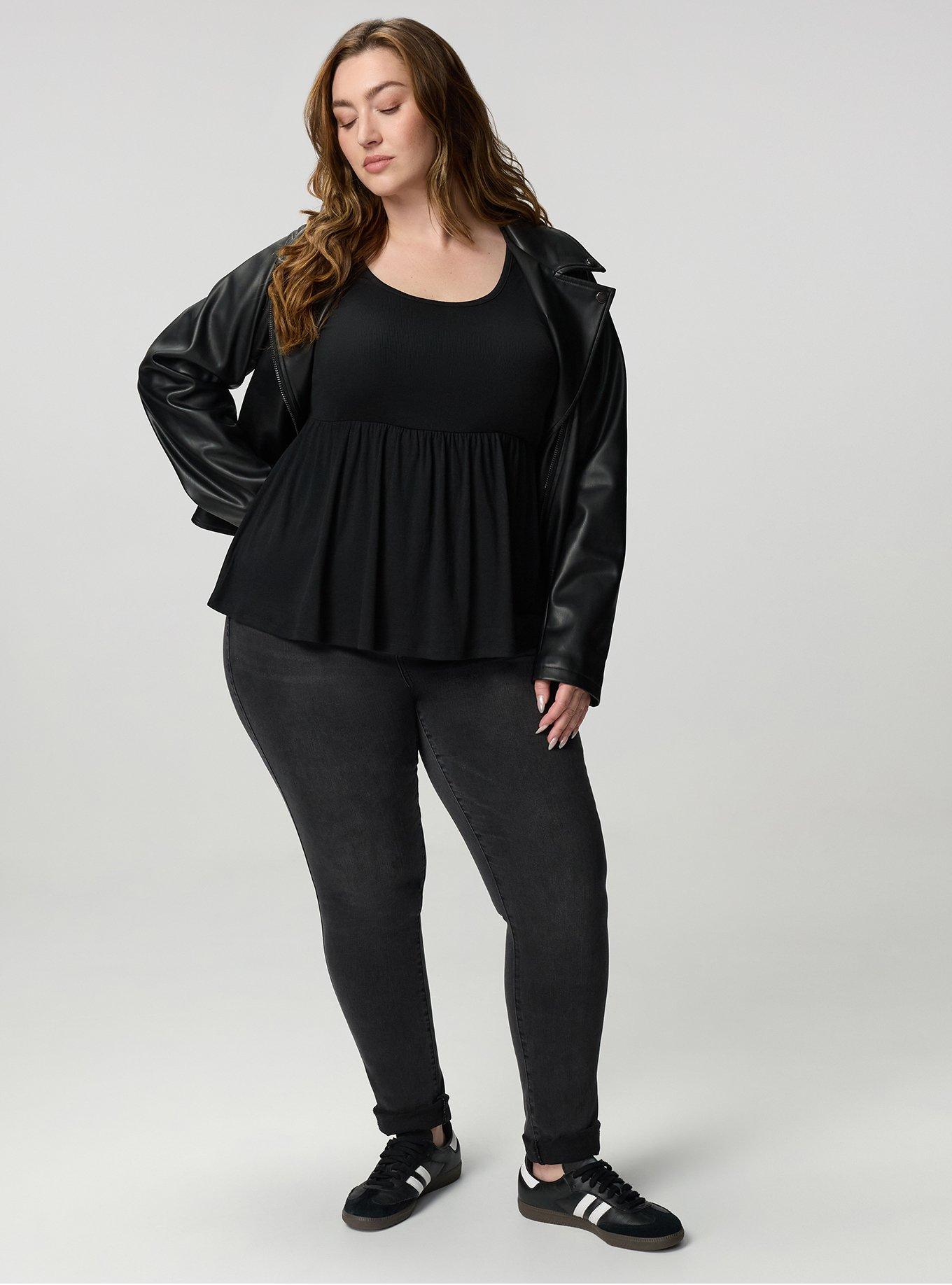 Cotton Modal Rib Long Sleeve Scoop Babydoll Top, DEEP BLACK, alternate