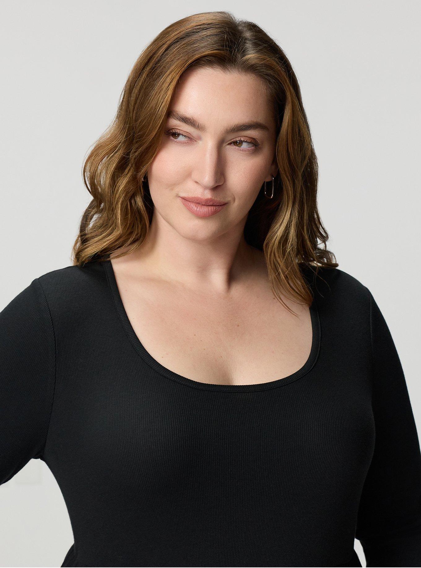Cotton Modal Rib Long Sleeve Scoop Babydoll Top, DEEP BLACK, alternate