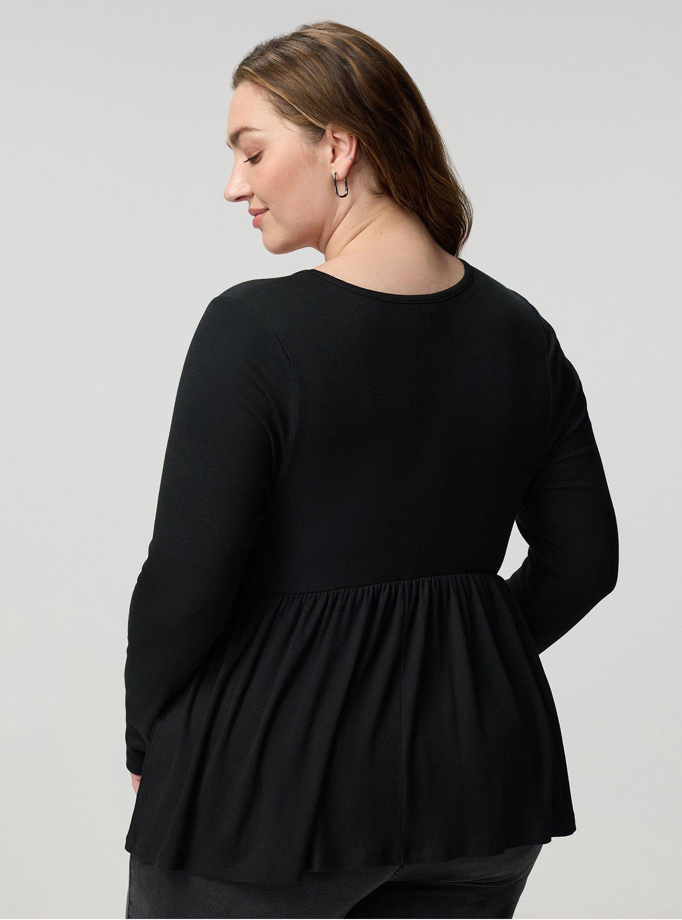 Cotton Modal Rib Long Sleeve Scoop Babydoll Top, DEEP BLACK, alternate