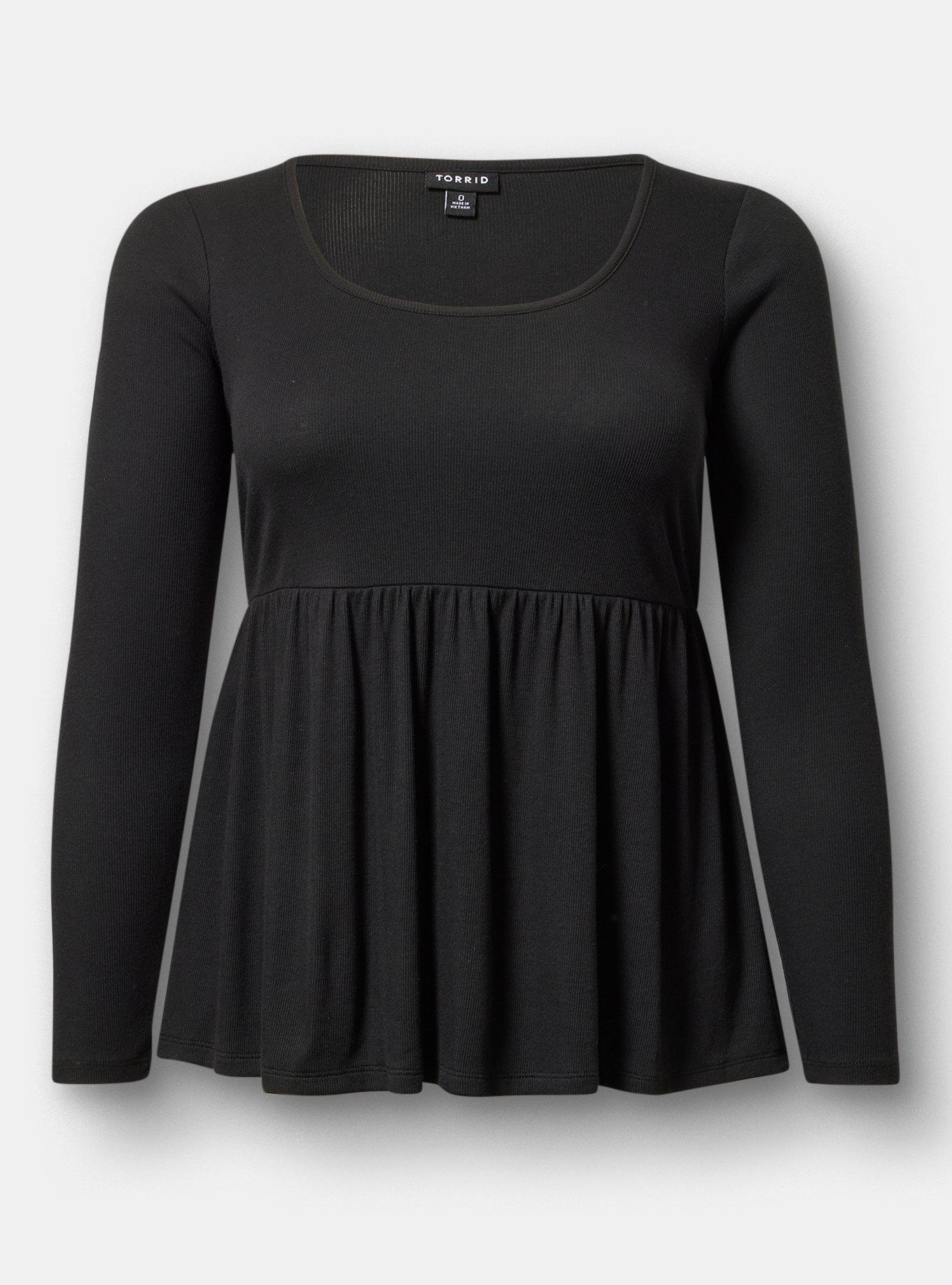 Cotton Modal Rib Long Sleeve Scoop Babydoll Top, DEEP BLACK, flat