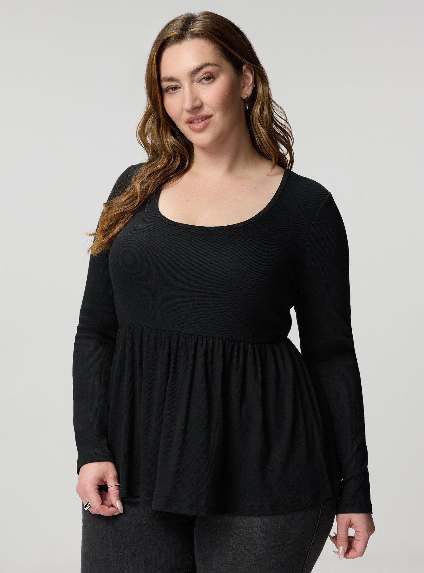 Cotton Modal Rib Long Sleeve Scoop Babydoll Top, DEEP BLACK, hi-res