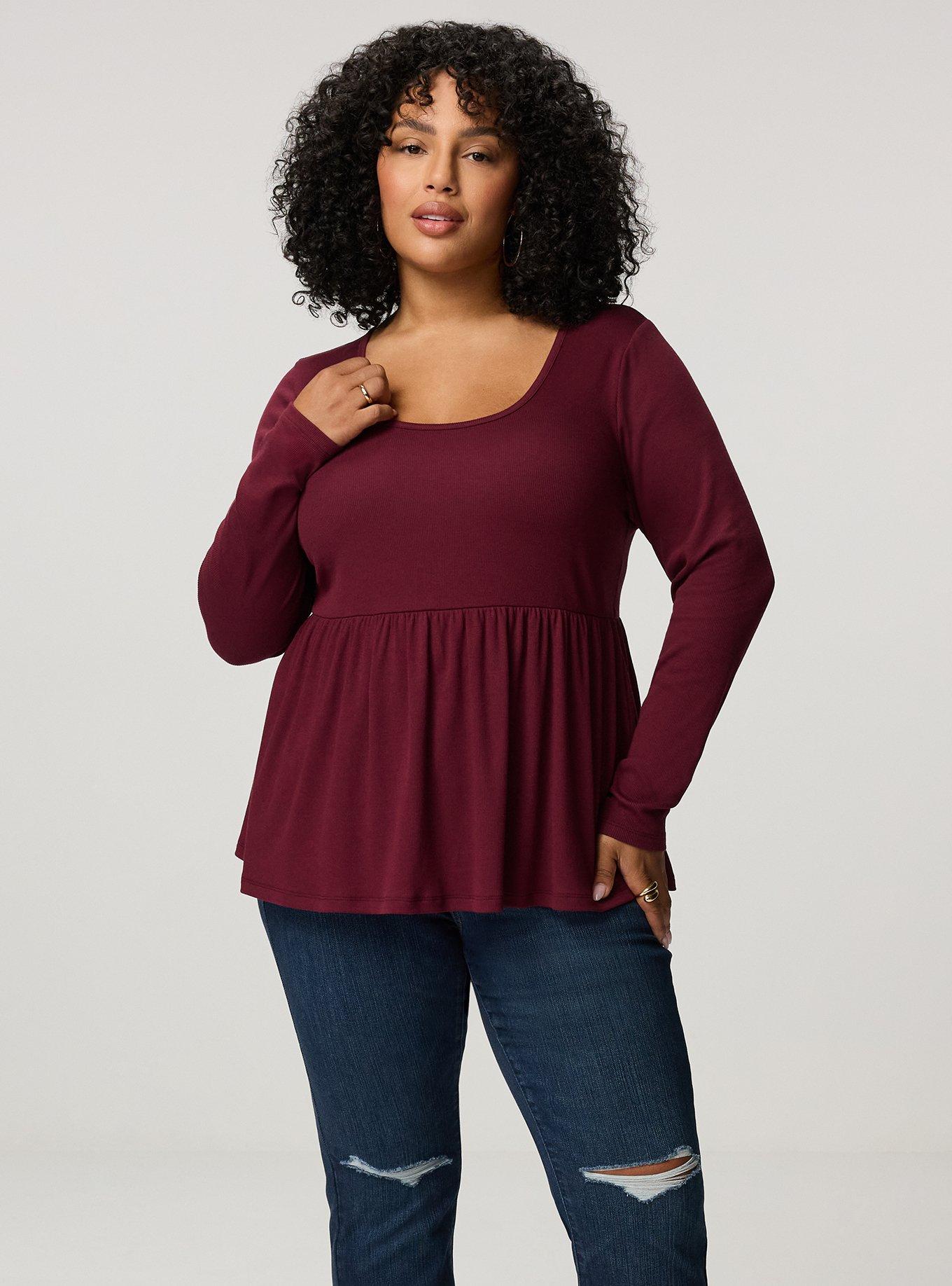 Cotton Modal Rib Long Sleeve Scoop Babydoll Top, MAROON BANNER, alternate