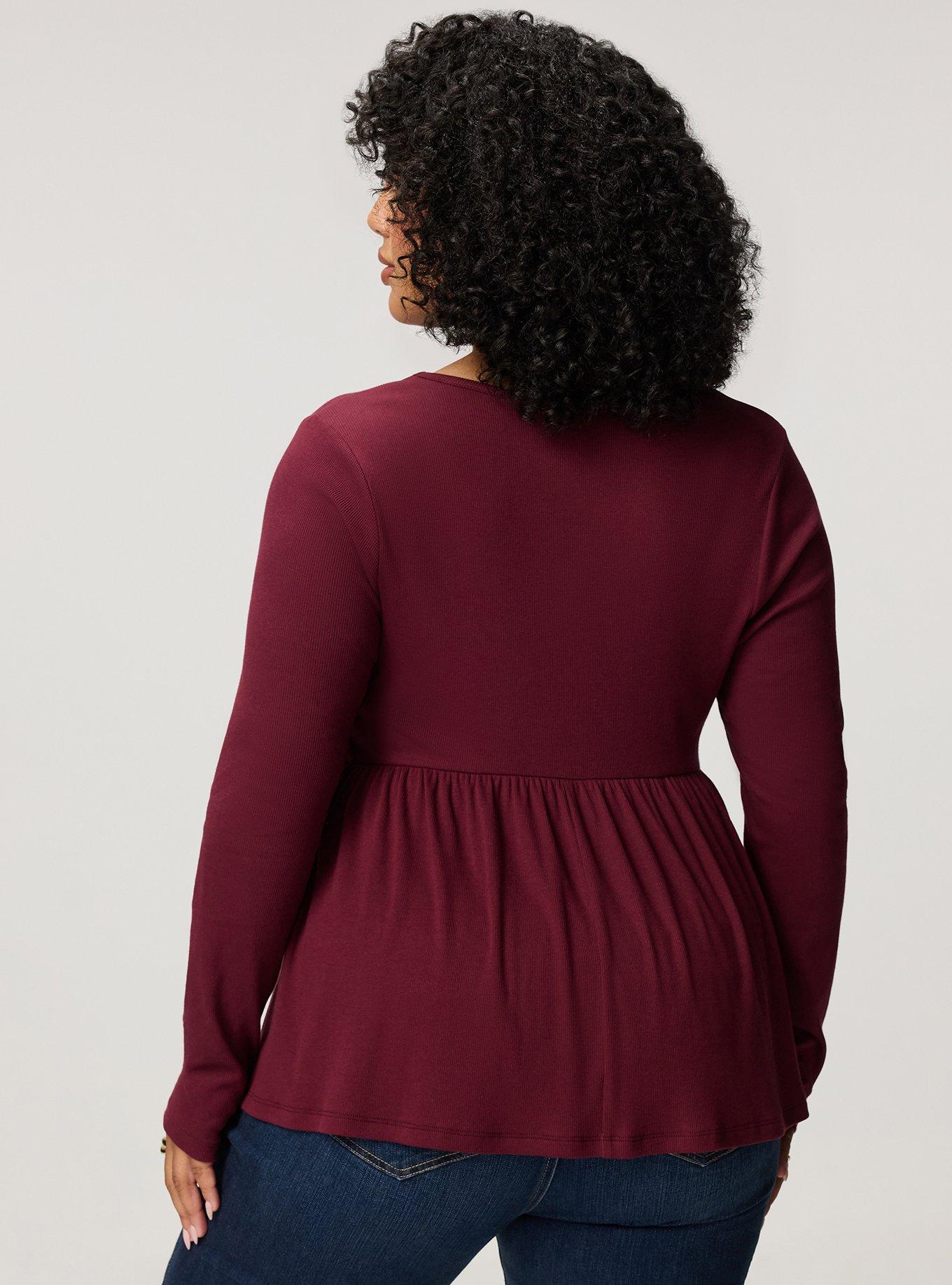 Cotton Modal Rib Long Sleeve Scoop Babydoll Top, MAROON BANNER, alternate