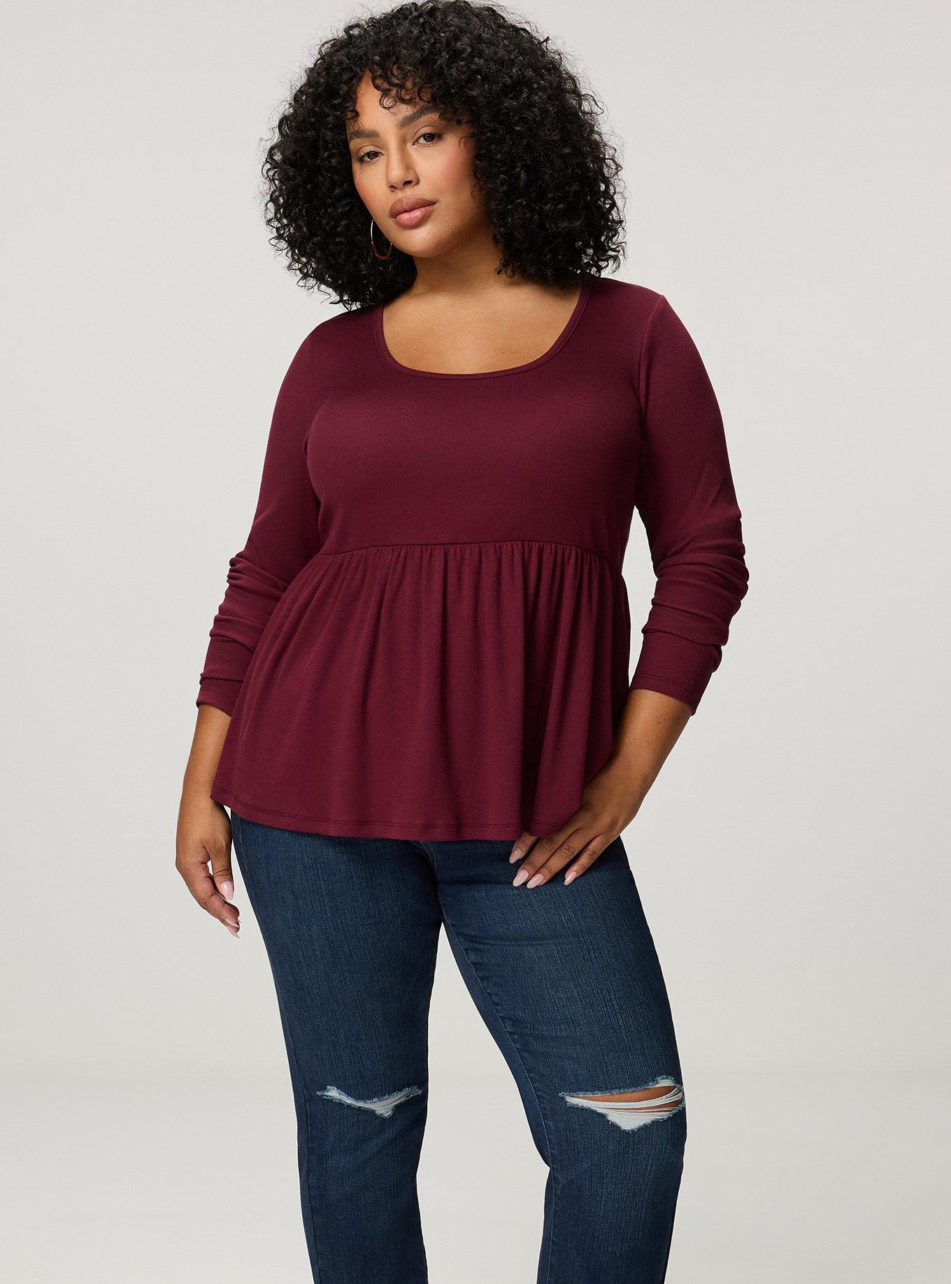Cotton Modal Rib Long Sleeve Scoop Babydoll Top, MAROON BANNER, alternate