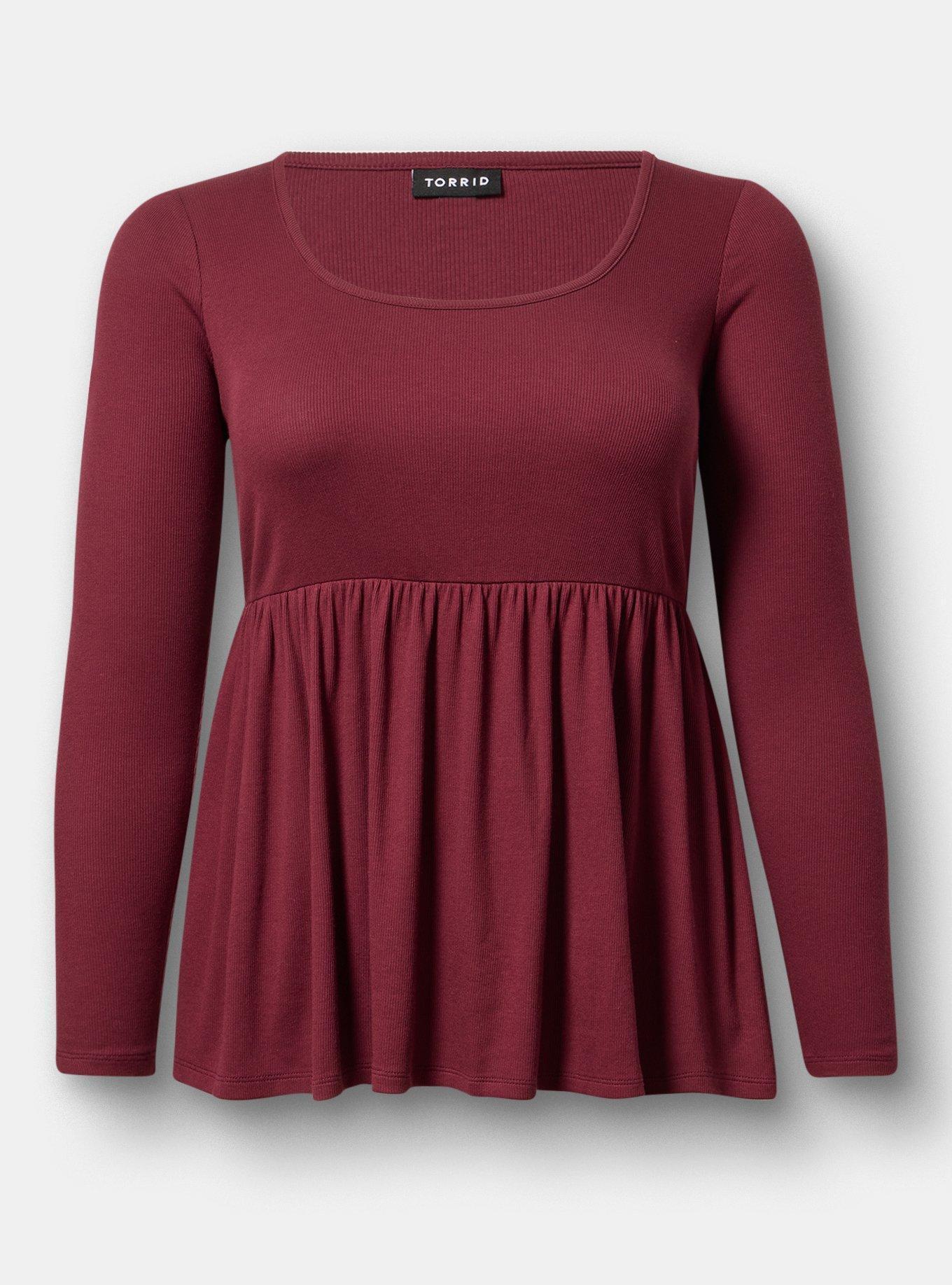 Cotton Modal Rib Long Sleeve Scoop Babydoll Top, MAROON BANNER, flat