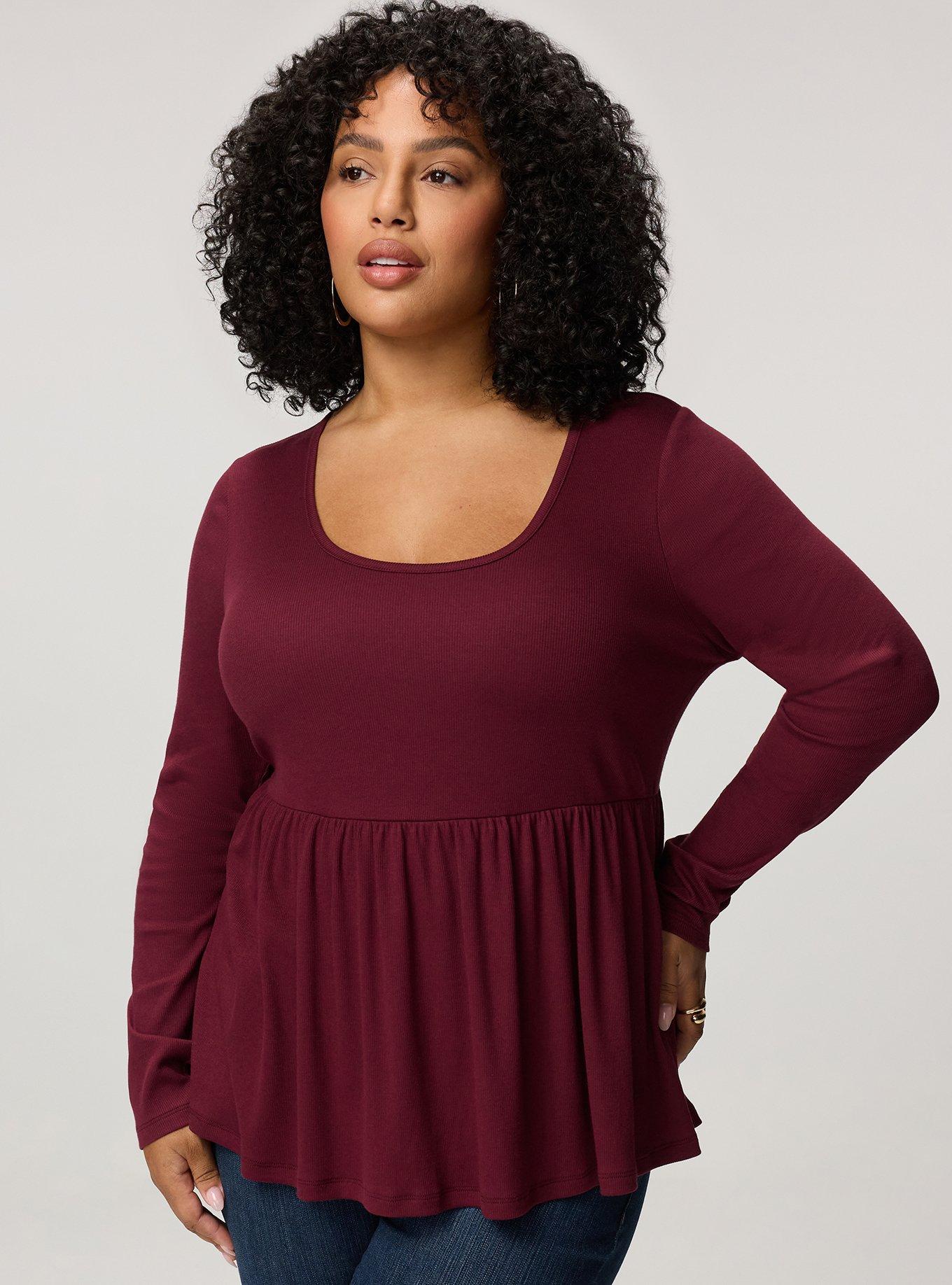 Cotton Modal Rib Long Sleeve Scoop Babydoll Top, MAROON BANNER, hi-res