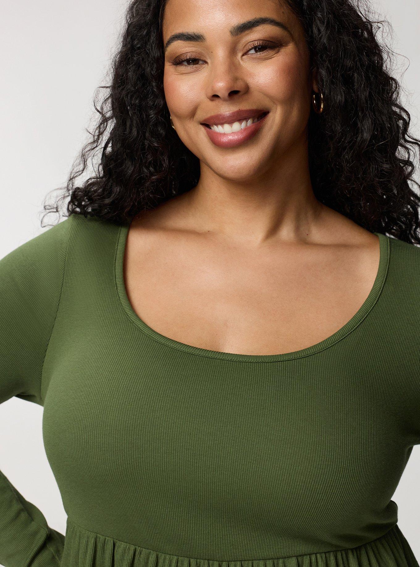 Cotton Modal Rib Long Sleeve Scoop Babydoll Top, BRONZE GREEN, alternate