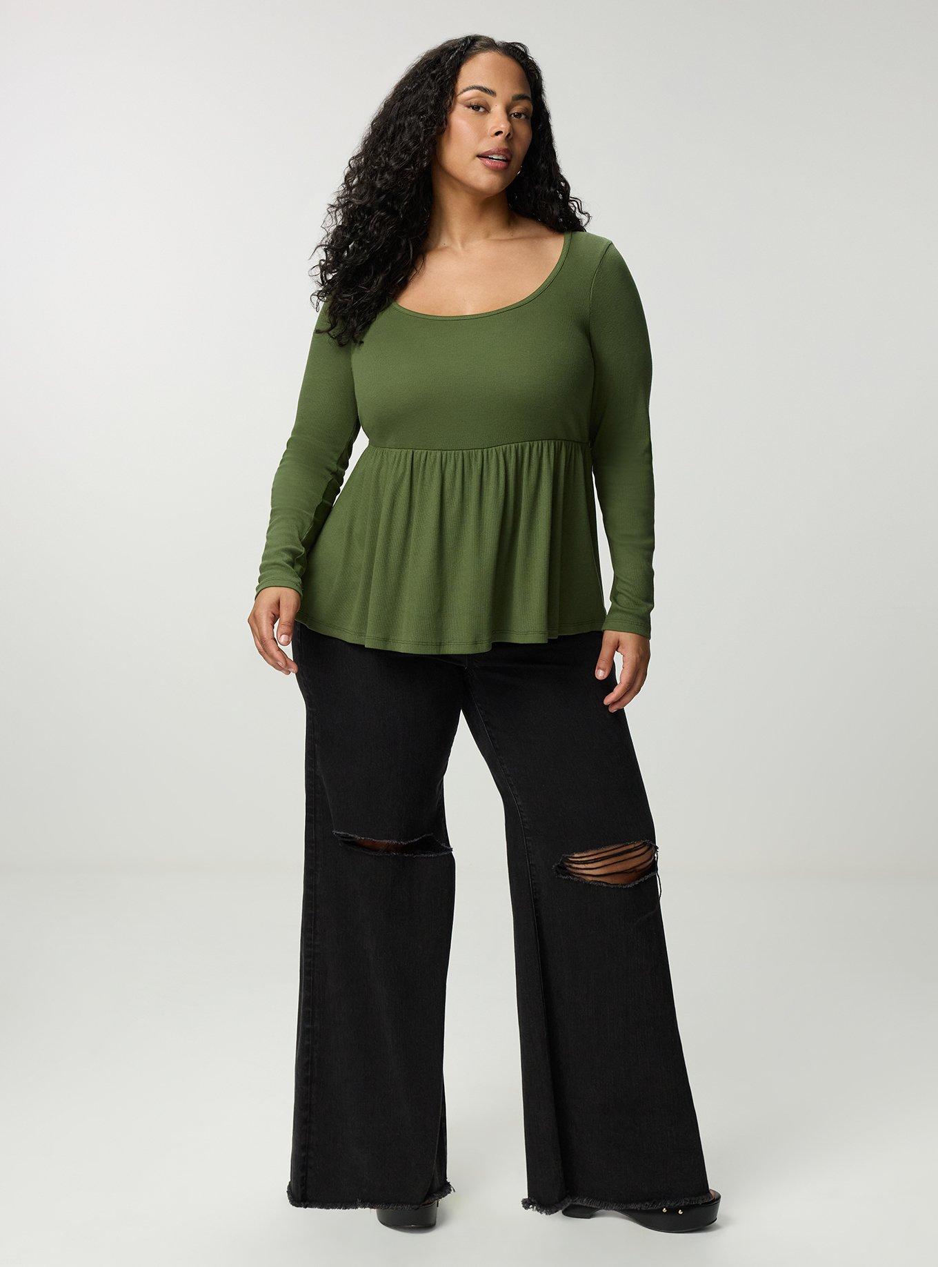Cotton Modal Rib Long Sleeve Scoop Babydoll Top, BRONZE GREEN, alternate