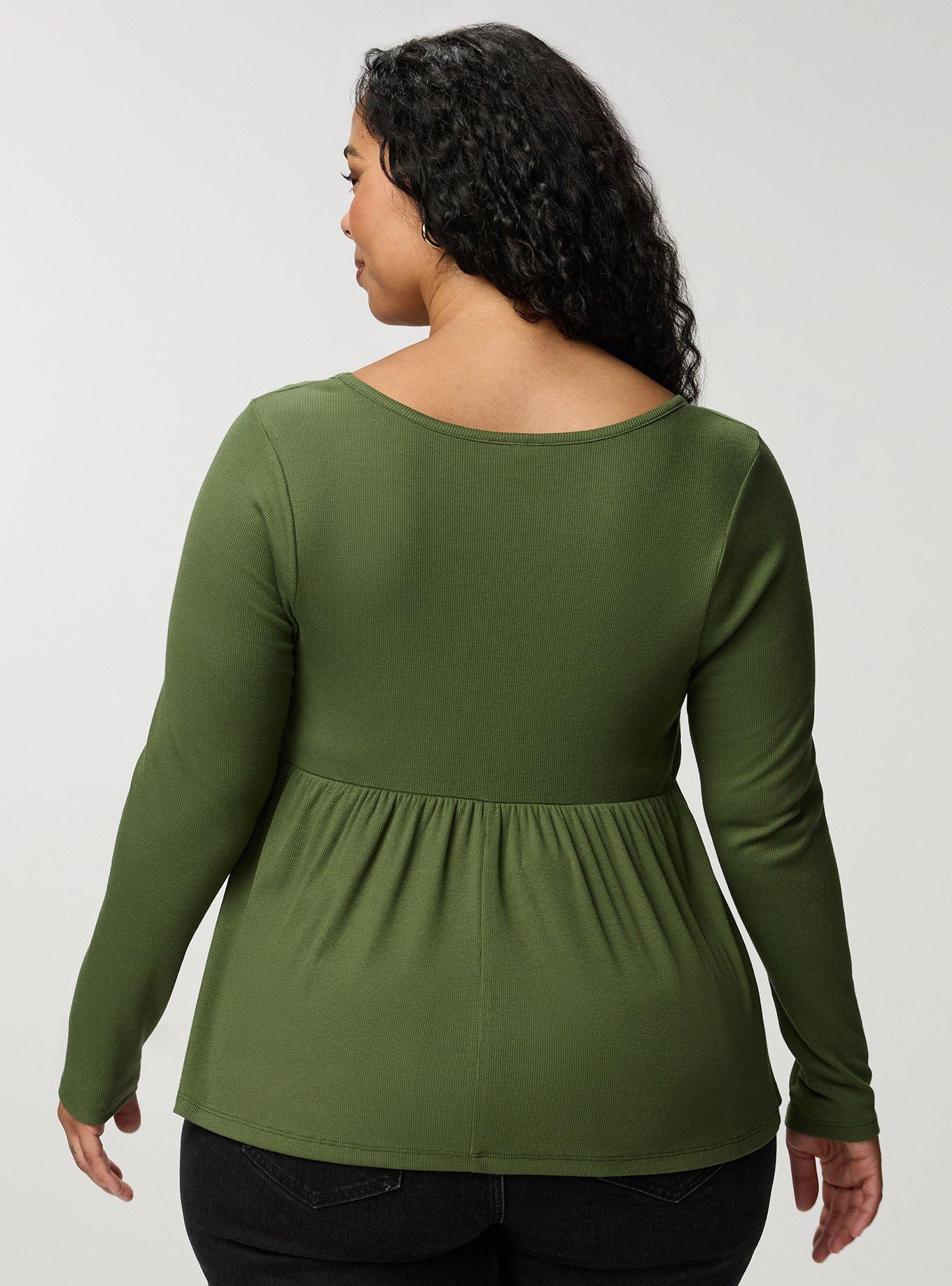 Cotton Modal Rib Long Sleeve Scoop Babydoll Top, BRONZE GREEN, alternate