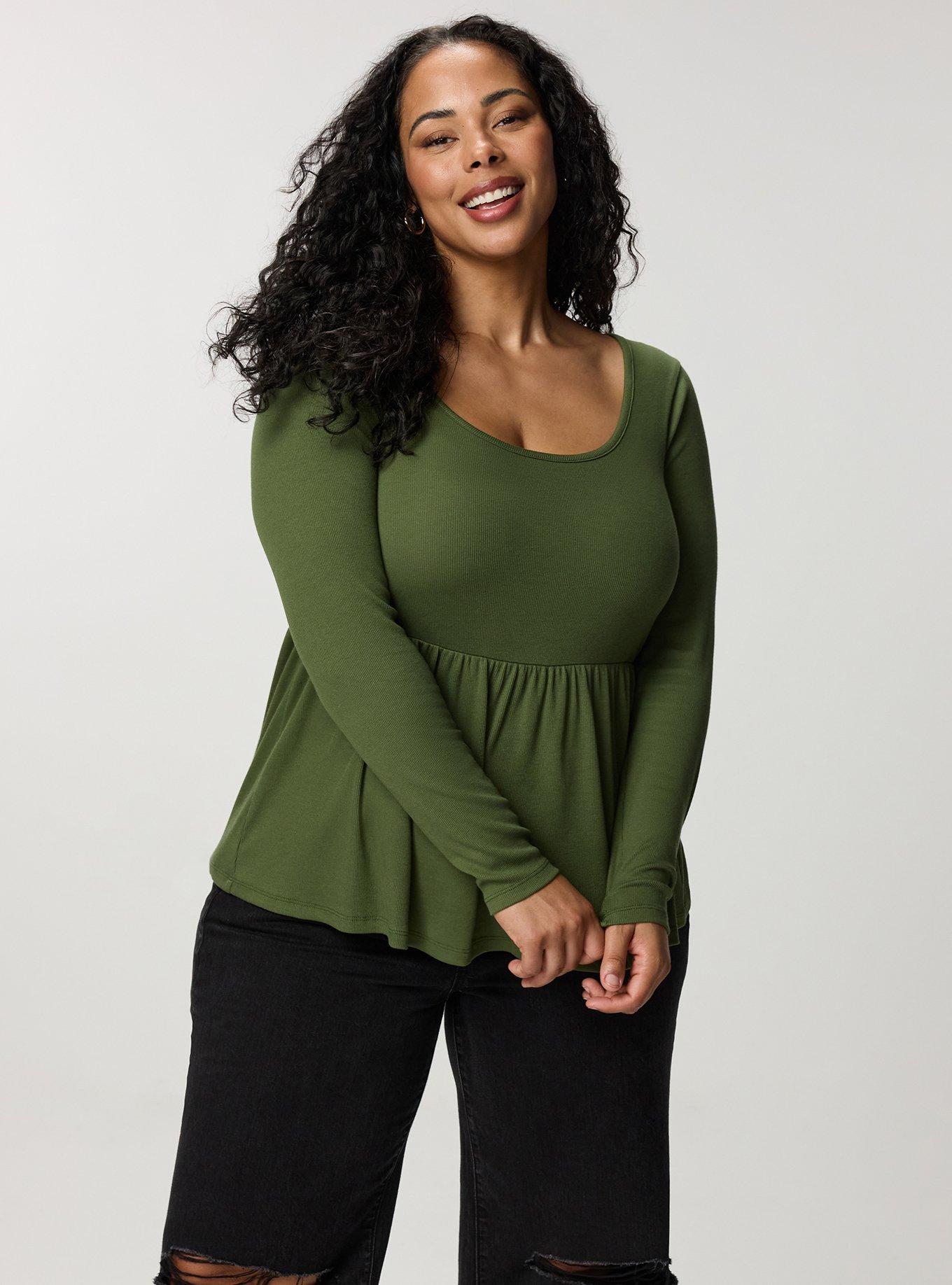 Cotton Modal Rib Long Sleeve Scoop Babydoll Top, BRONZE GREEN, alternate