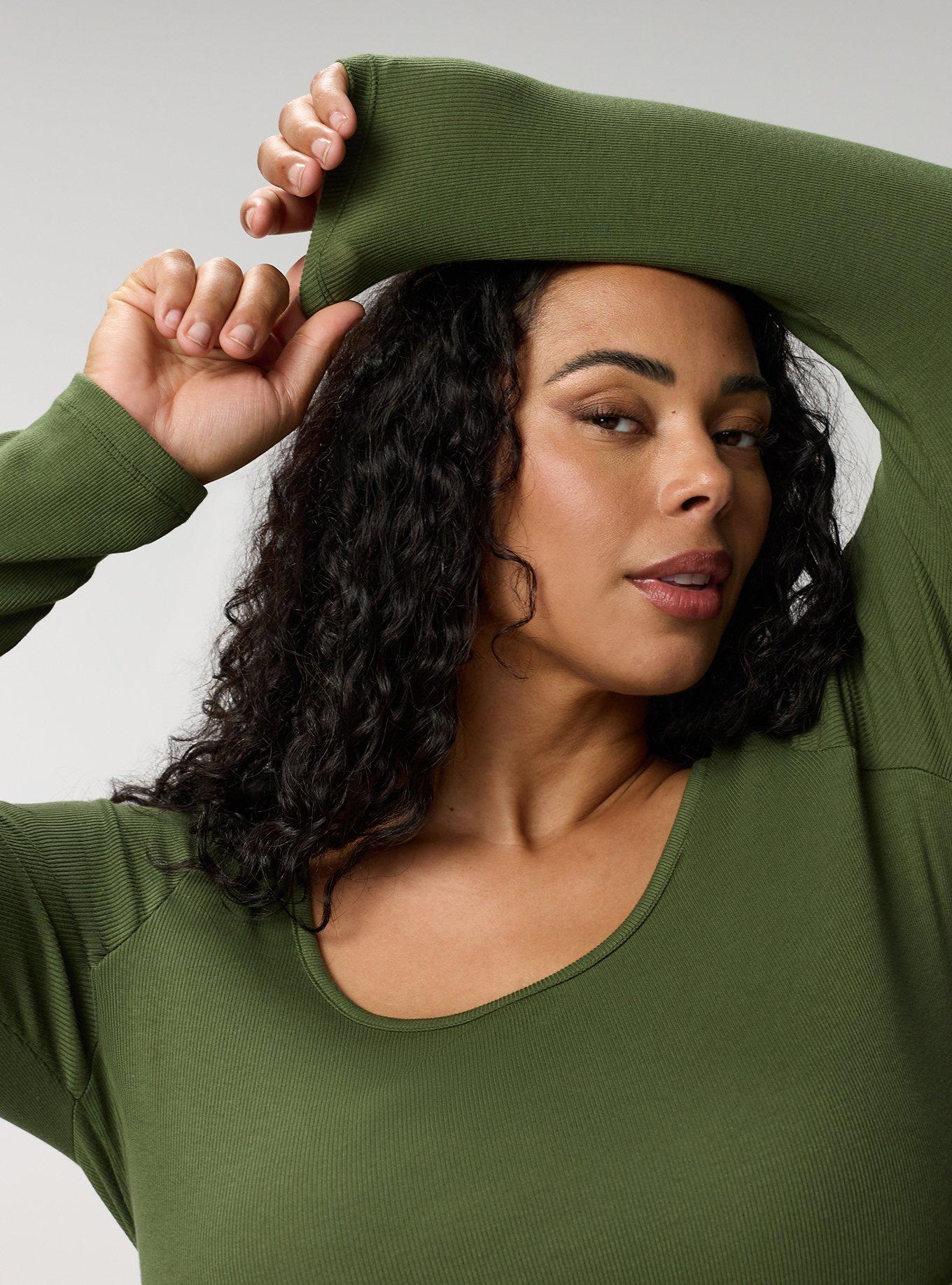 Cotton Modal Rib Long Sleeve Scoop Babydoll Top, BRONZE GREEN, alternate