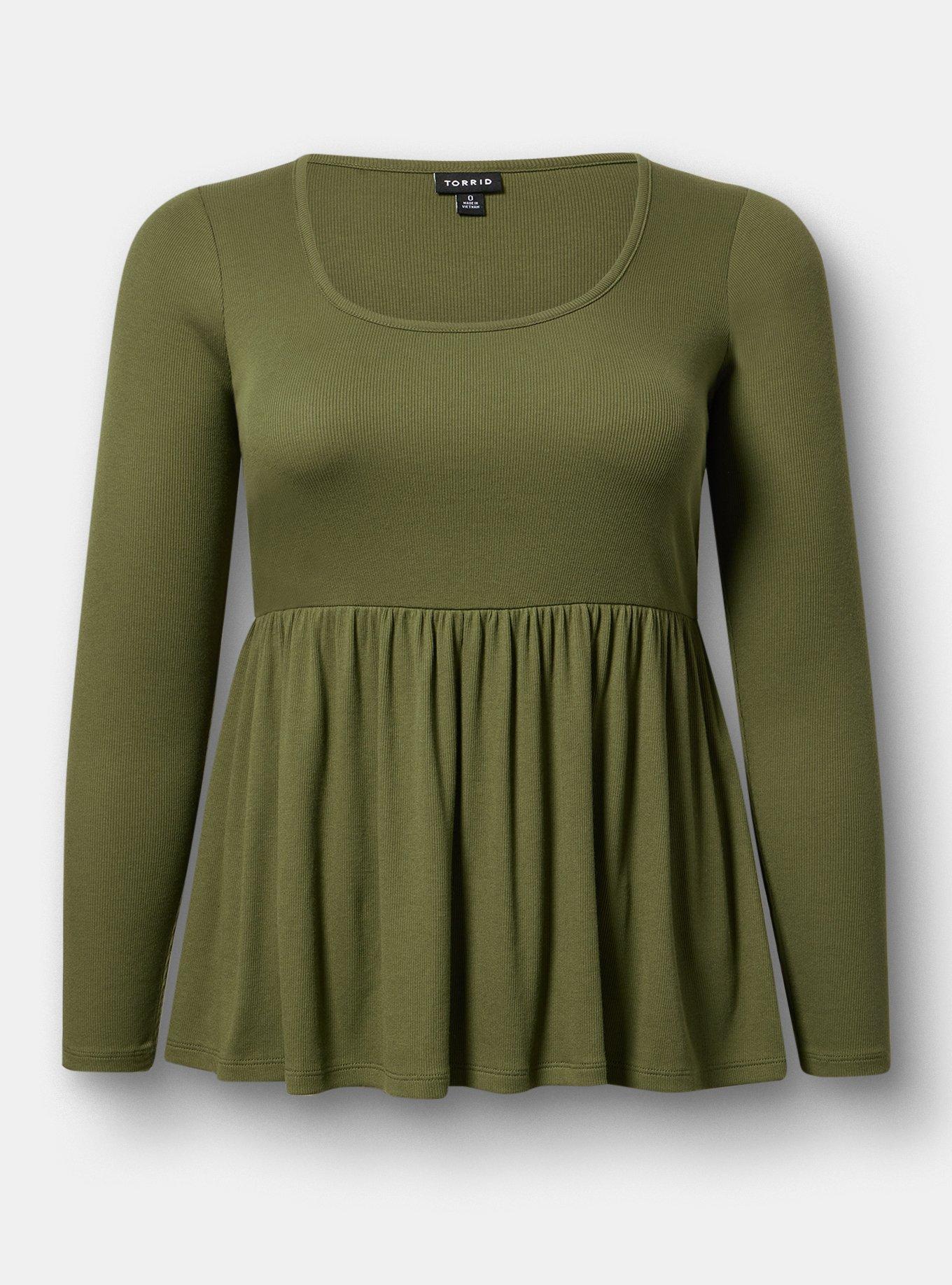Cotton Modal Rib Long Sleeve Scoop Babydoll Top, BRONZE GREEN, flat
