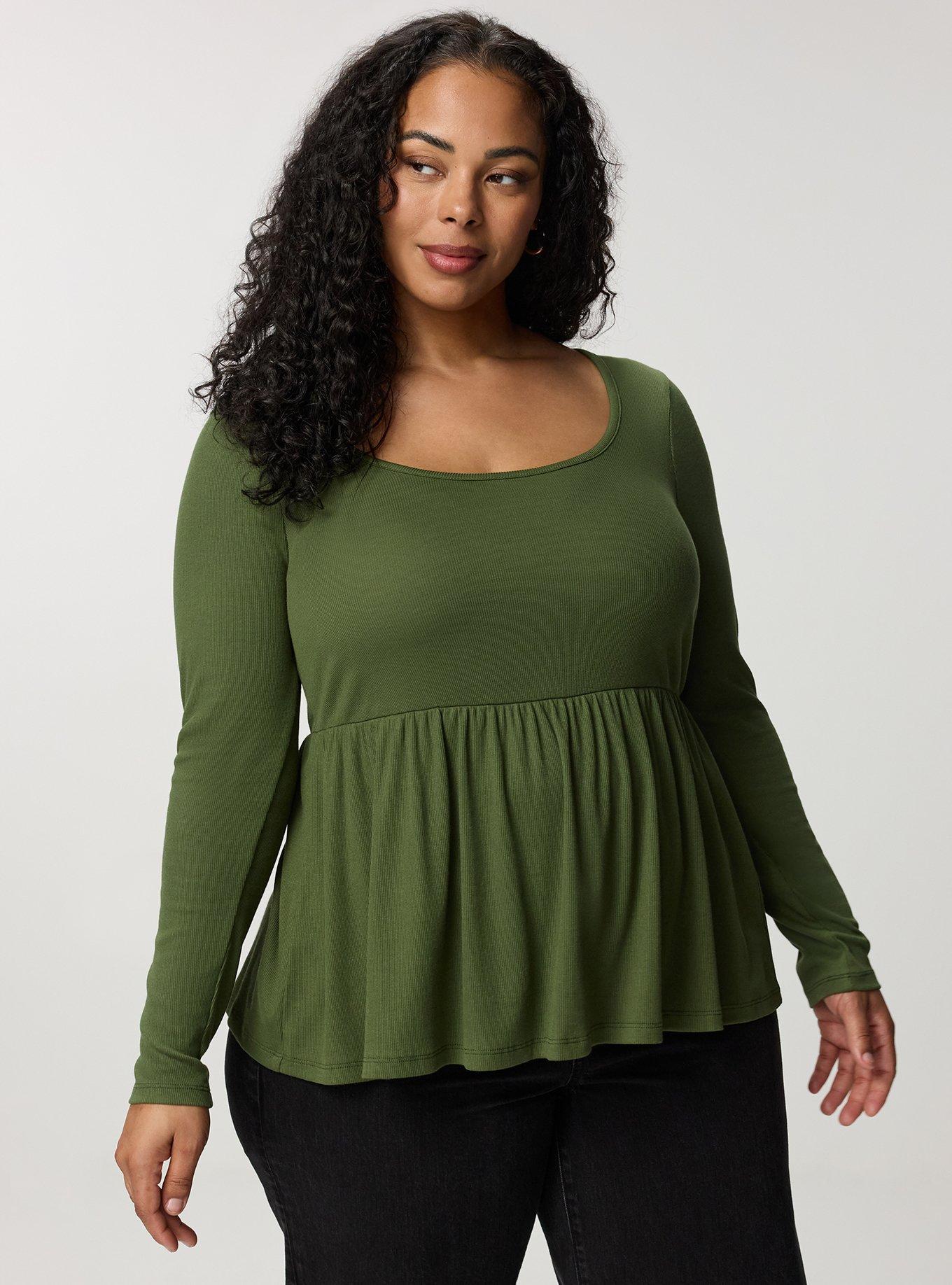 Cotton Modal Rib Long Sleeve Scoop Babydoll Top, BRONZE GREEN, hi-res