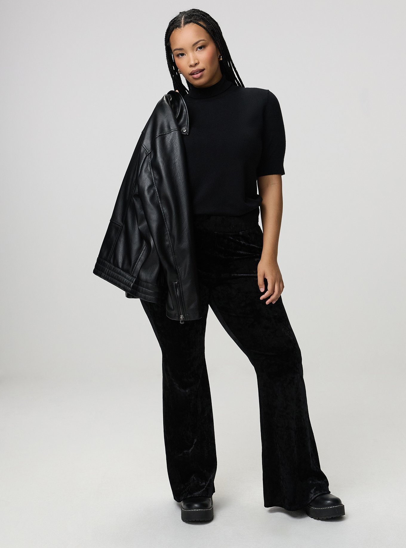 Full-Length Crushed Velvet Flare Legging, DEEP BLACK, alternate