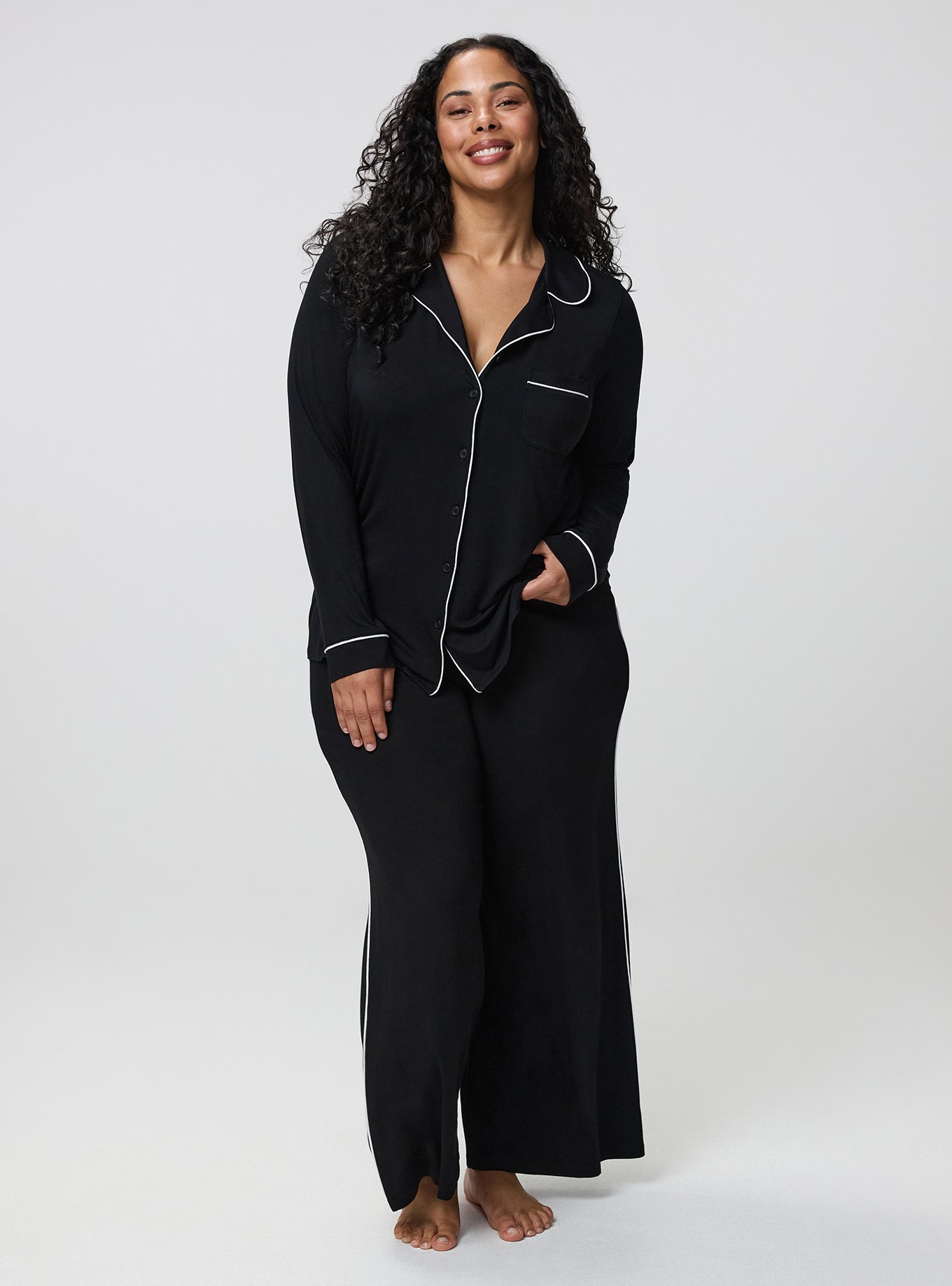 Super Soft Button-Up Sleep Top, DEEP BLACK, alternate