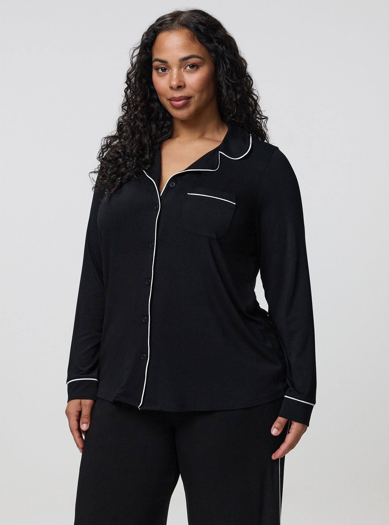 Super Soft Button-Up Sleep Top, DEEP BLACK, hi-res