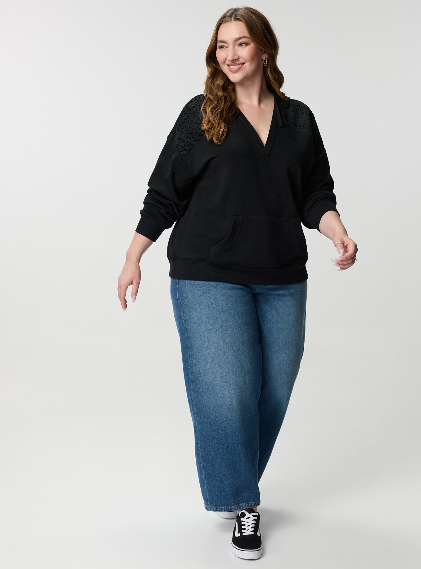 Cozy Fleece Y-Neck Crochet Mix Hoodie, DEEP BLACK, alternate
