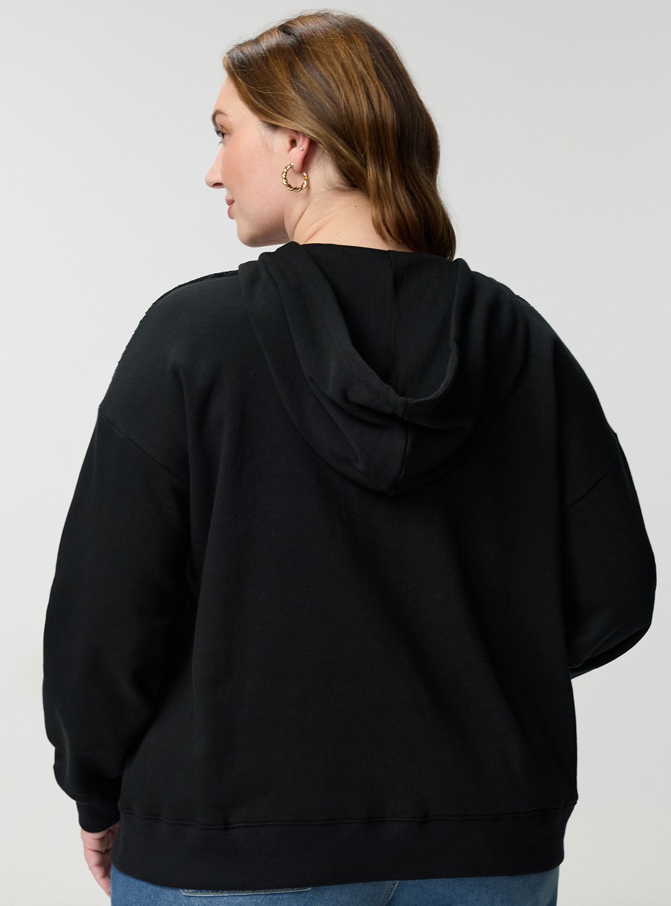 Cozy Fleece Y-Neck Crochet Mix Hoodie, DEEP BLACK, alternate