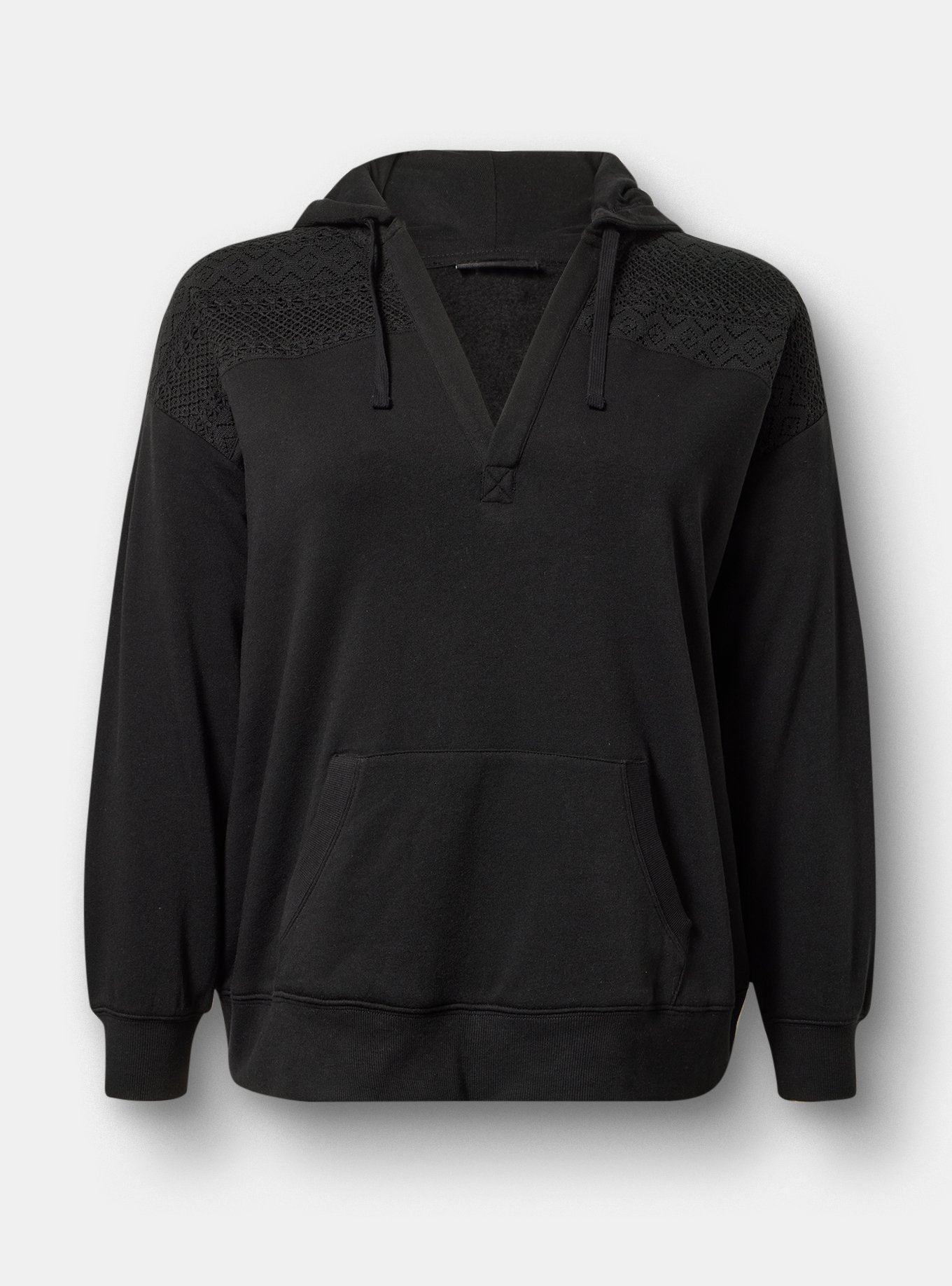 Plus Size - Cozy Fleece Y-Neck Crochet Mix Hoodie - Torrid