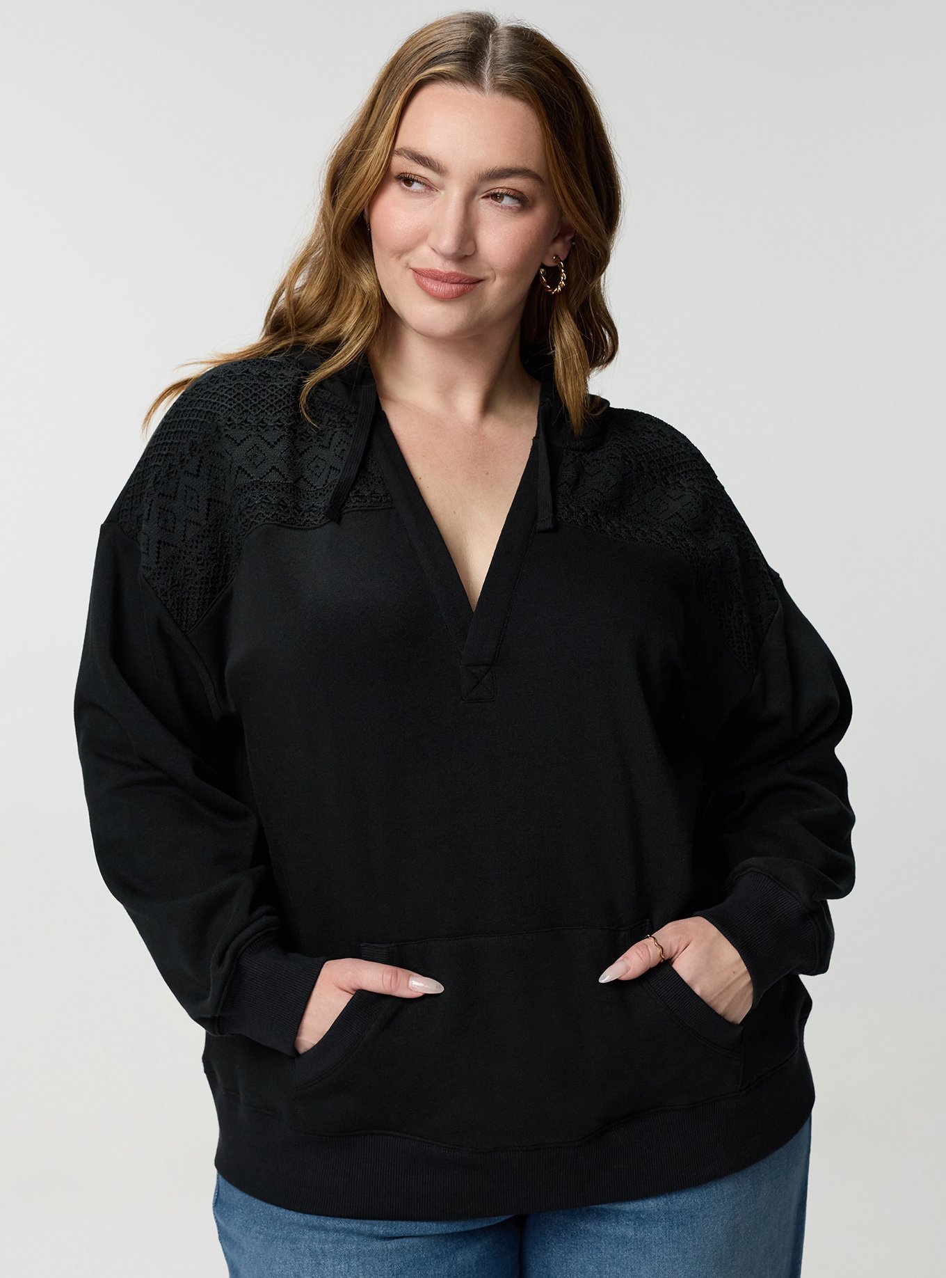 Cozy Fleece Y-Neck Crochet Mix Hoodie, DEEP BLACK, hi-res