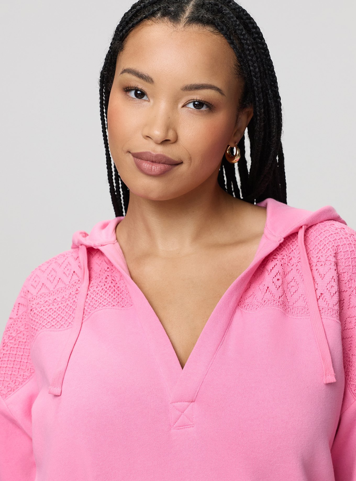 Cozy Fleece Y-Neck Crochet Mix Hoodie, AURORA PINK, alternate