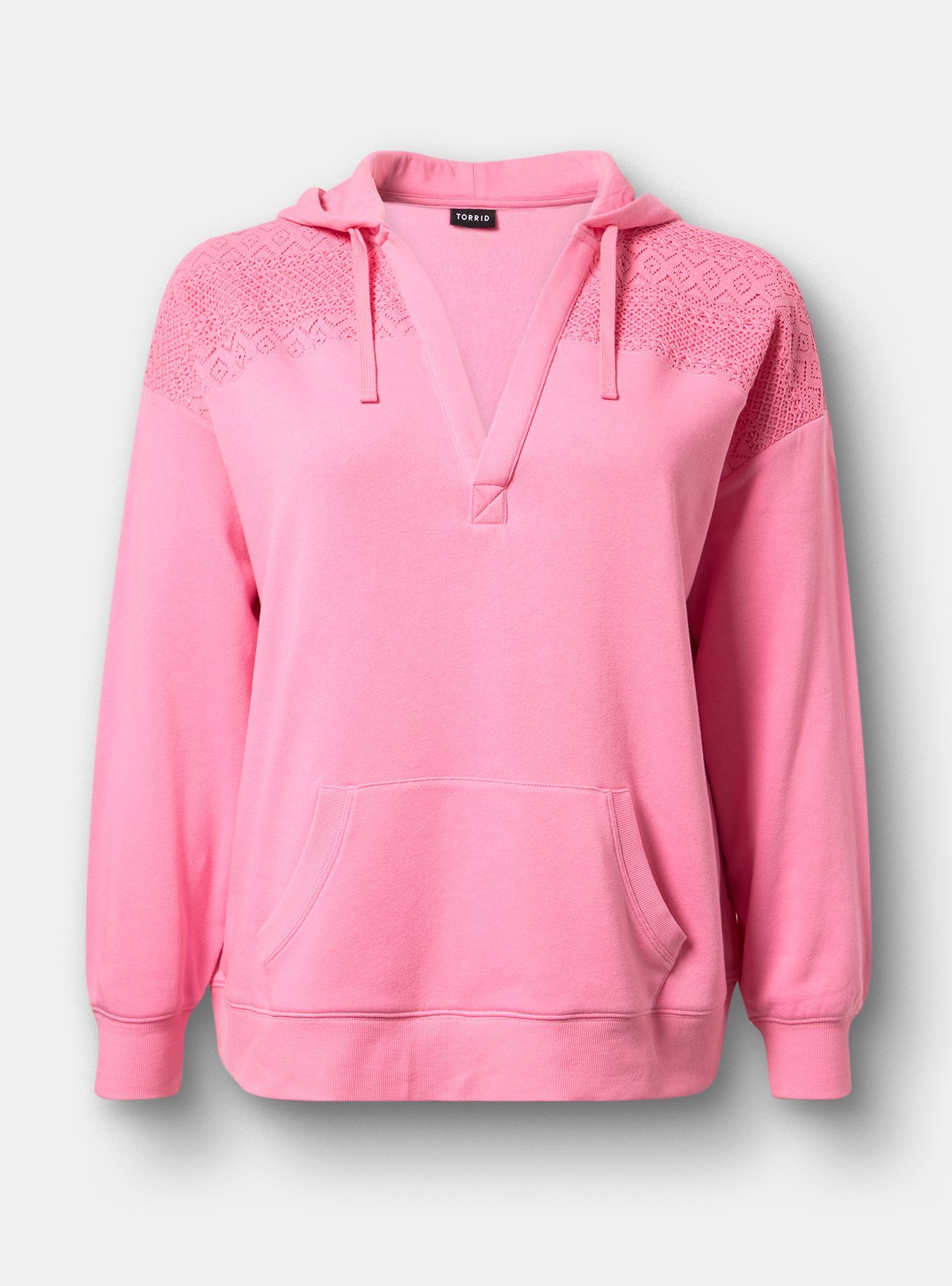 Plus Size - Cozy Fleece Y-Neck Crochet Mix Hoodie - Torrid