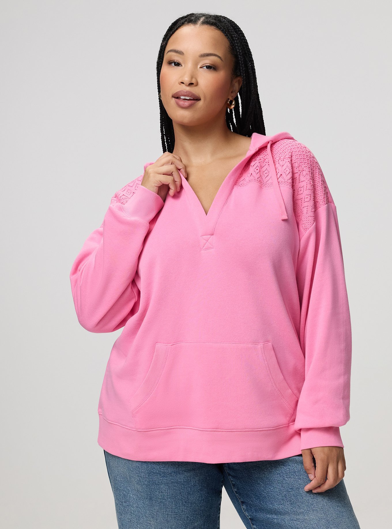 Cozy Fleece Y-Neck Crochet Mix Hoodie, AURORA PINK, hi-res