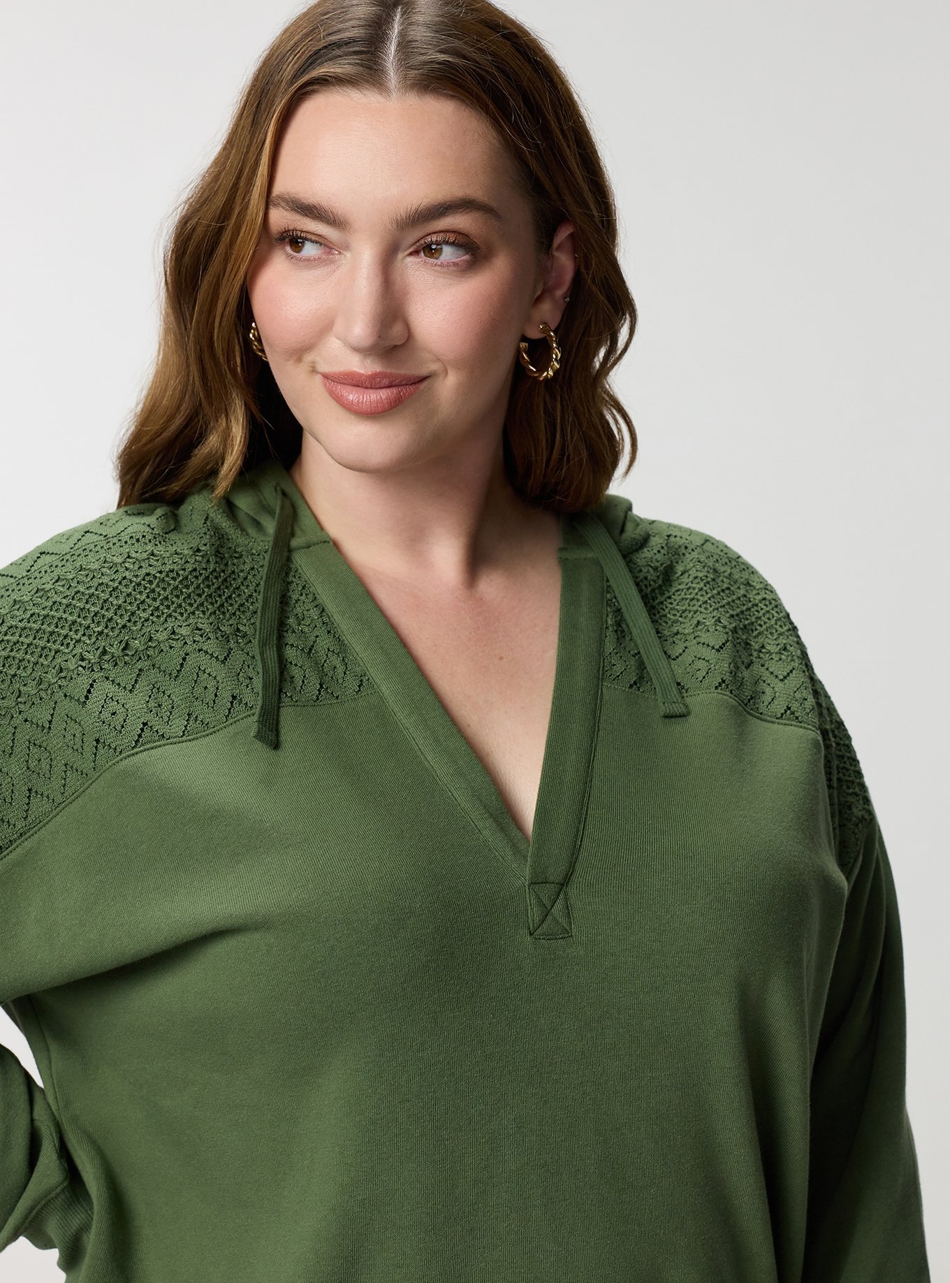 Cozy Fleece Y-Neck Crochet Mix Hoodie, BRONZE GREEN, alternate