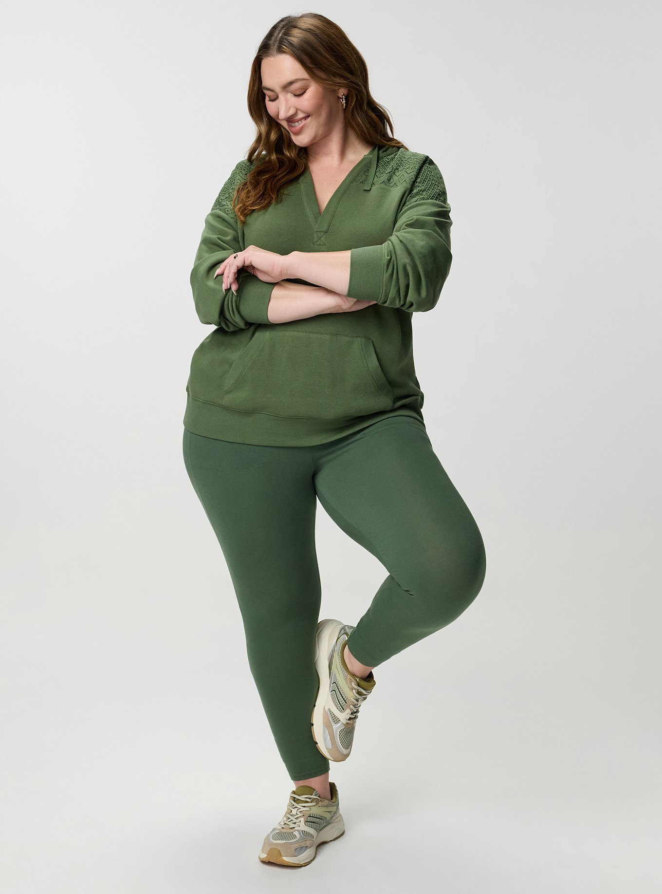 Cozy Fleece Y-Neck Crochet Mix Hoodie, BRONZE GREEN, alternate
