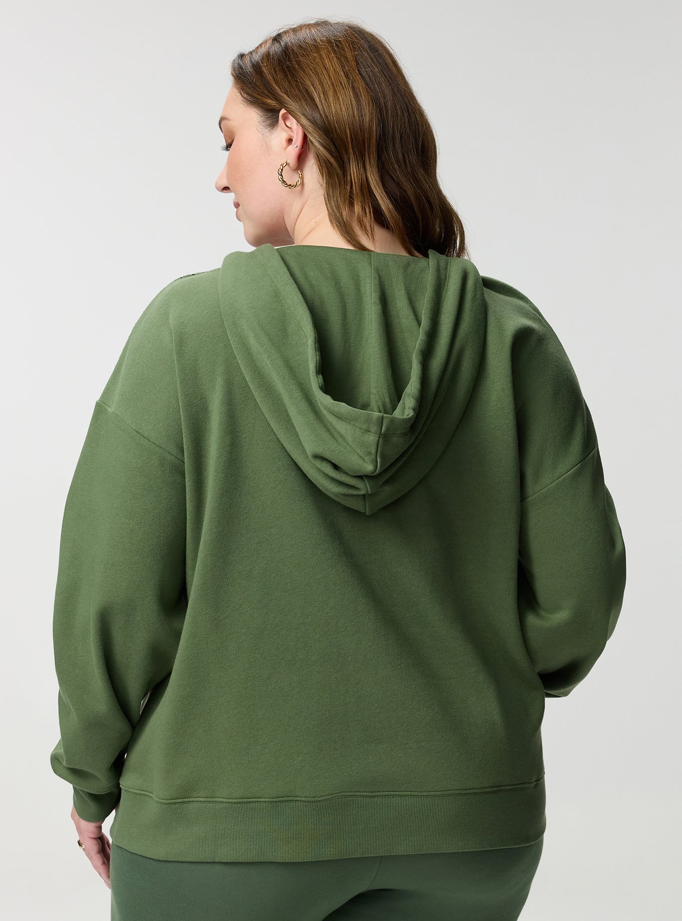 Cozy Fleece Y-Neck Crochet Mix Hoodie, BRONZE GREEN, alternate