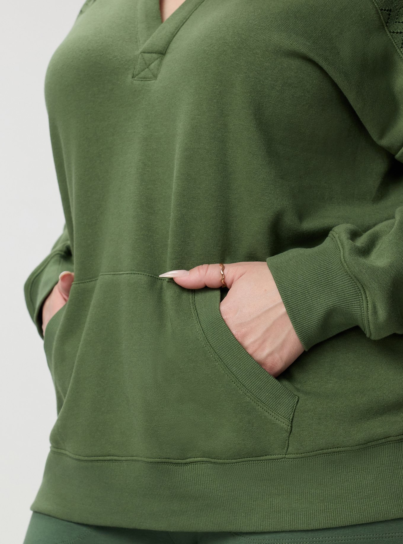Cozy Fleece Y-Neck Crochet Mix Hoodie, BRONZE GREEN, alternate