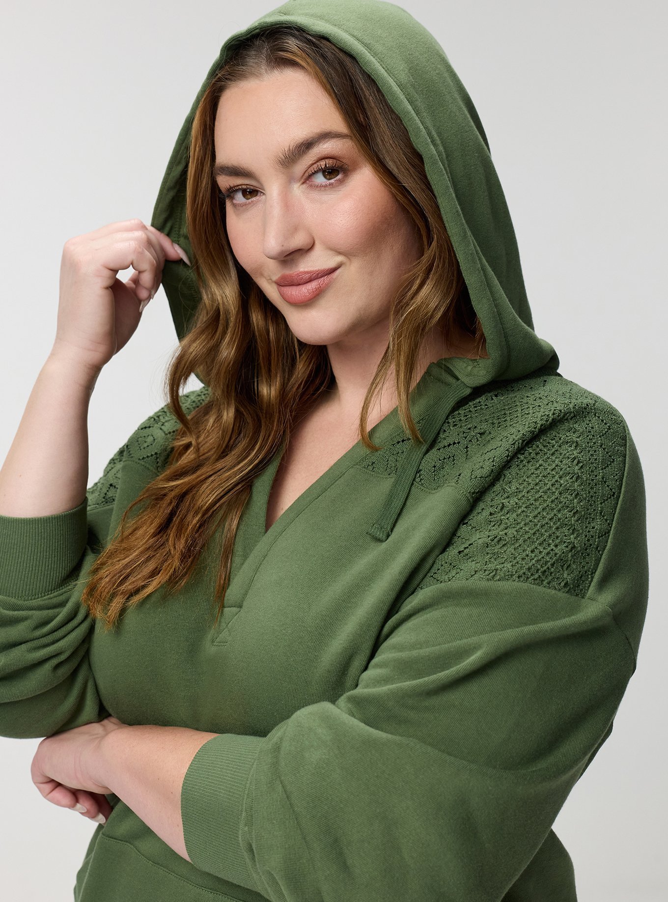 Cozy Fleece Y-Neck Crochet Mix Hoodie, BRONZE GREEN, alternate