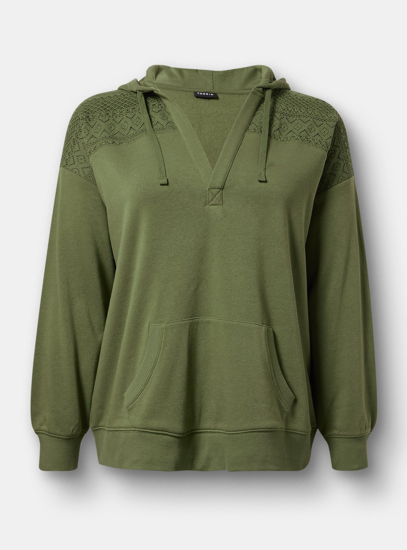 Cozy Fleece Y-Neck Crochet Mix Hoodie, BRONZE GREEN, hi-res