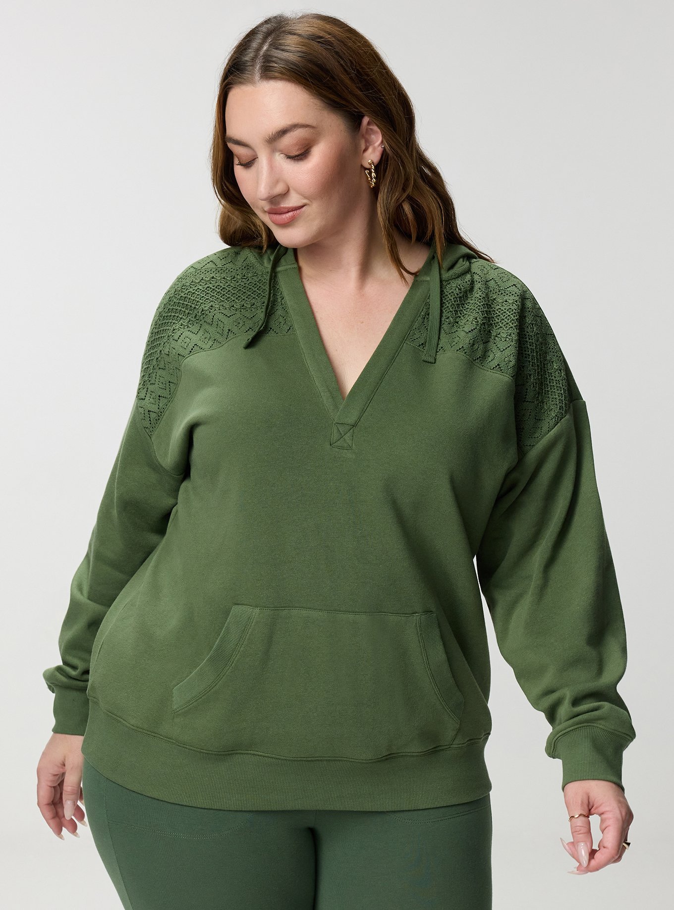 Cozy Fleece Y-Neck Crochet Mix Hoodie, BRONZE GREEN, hi-res