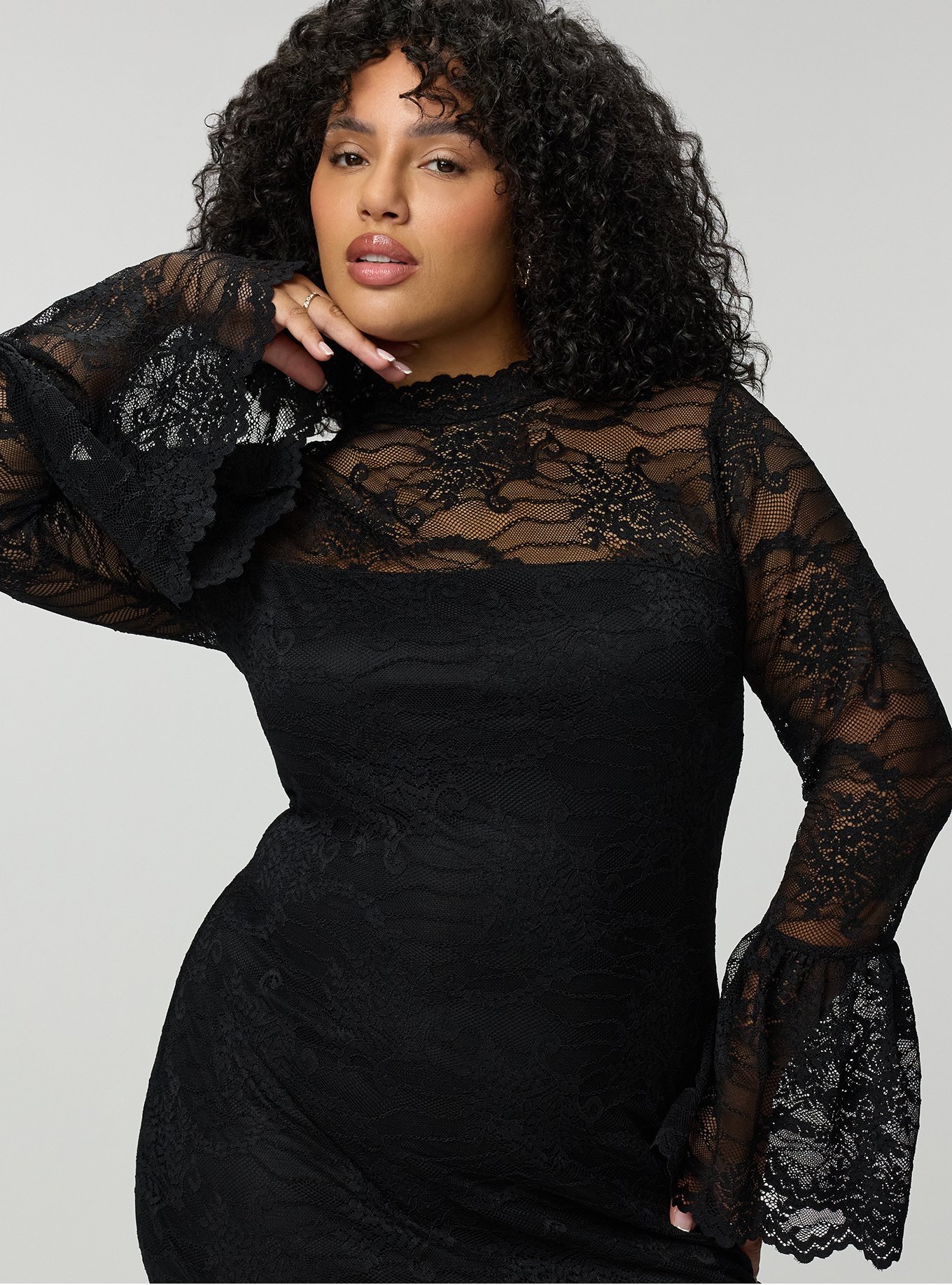 Plus Size Lace Mock Neck Mini Dress, DEEP BLACK, alternate